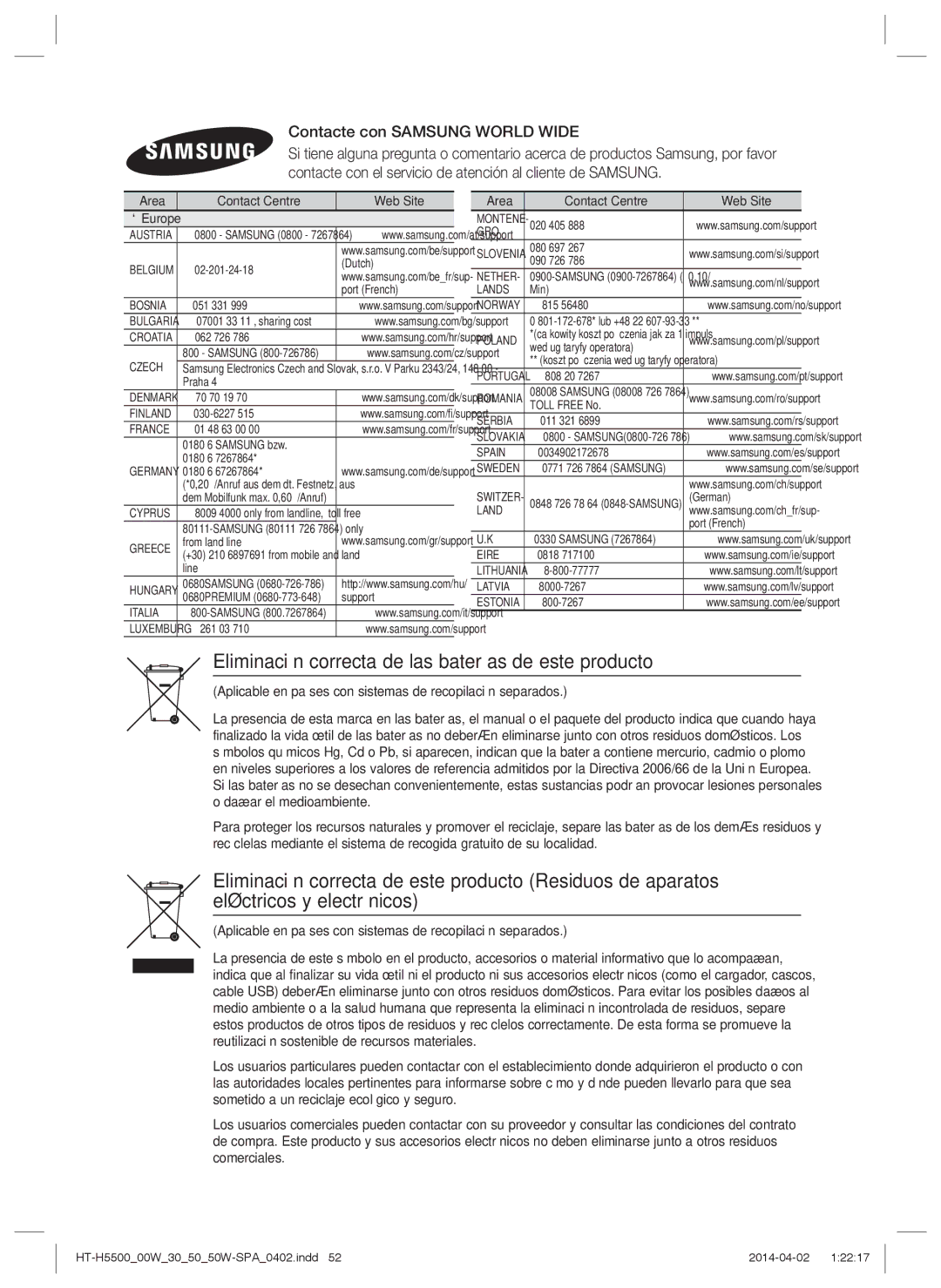 Samsung HT-H5550/EN, HT-H5530/EN Eliminación correcta de las baterías de este producto, Contacte con Samsung World Wide 