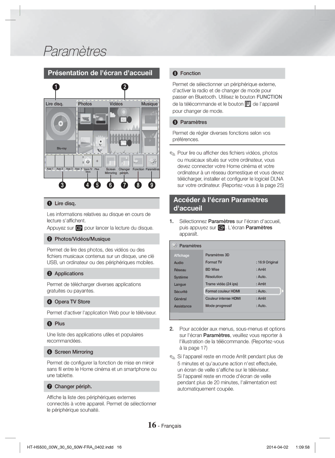 Samsung HT-H5530/ZF, HT-H5530/EN manual Présentation de lécran daccueil, Accéder à lécran Paramètres Daccueil, Fonction 