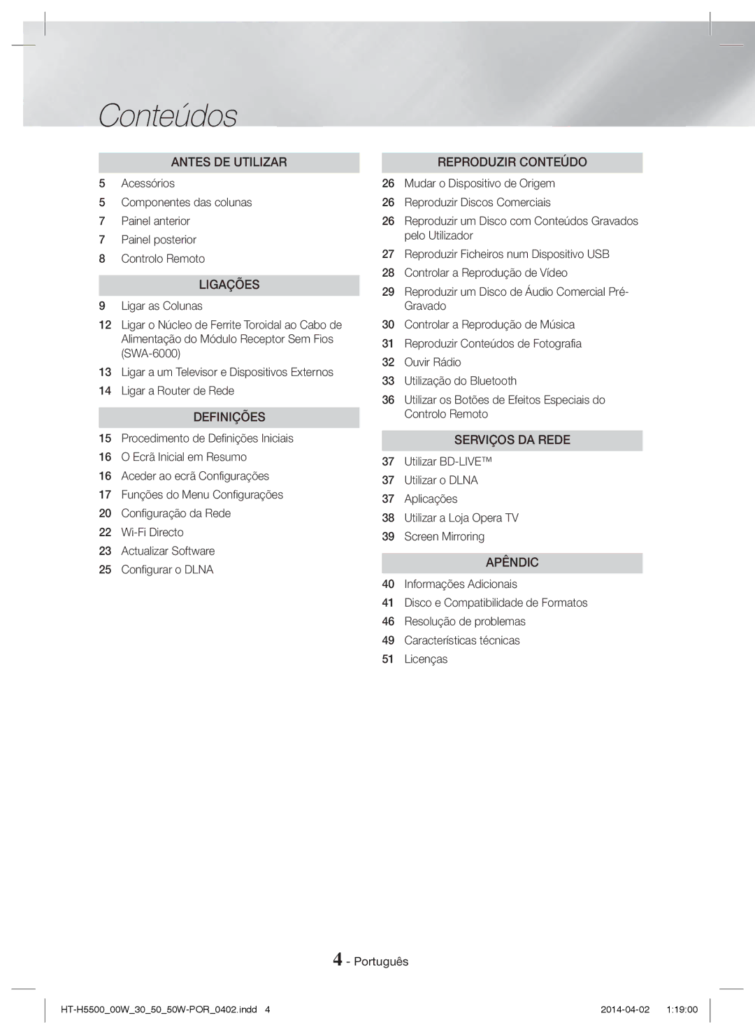 Samsung HT-H5530/ZF, HT-H5530/EN, HT-H5500/EN, HT-H5550W/EN, HT-H5550/EN, HT-H5550/ZF, HT-H5500/ZF manual Conteúdos, Ligações 