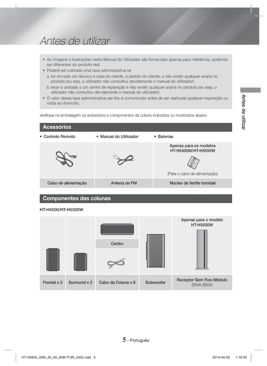 Samsung HT-H5550W/ZF, HT-H5530/EN, HT-H5500/EN, HT-H5550W/EN manual Antes de utilizar, Acessórios, Componentes das colunas 