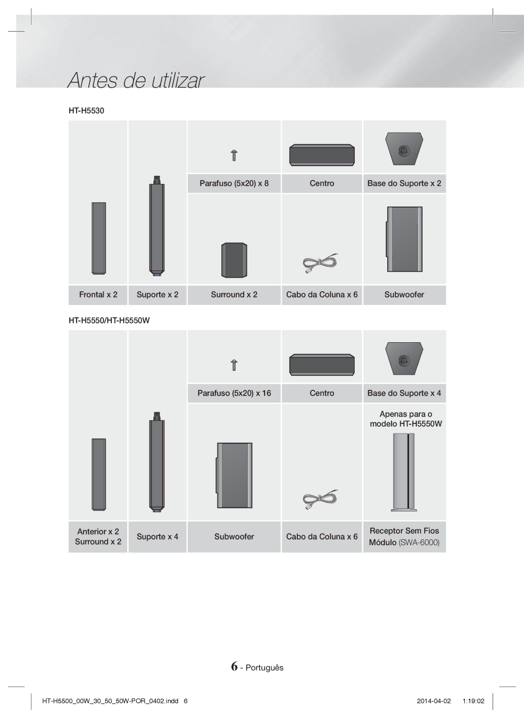 Samsung HT-H5530/EN, HT-H5500/EN, HT-H5550W/EN, HT-H5550/EN, HT-H5550/ZF, HT-H5500/ZF manual Frontal x Suporte x, Apenas para o 