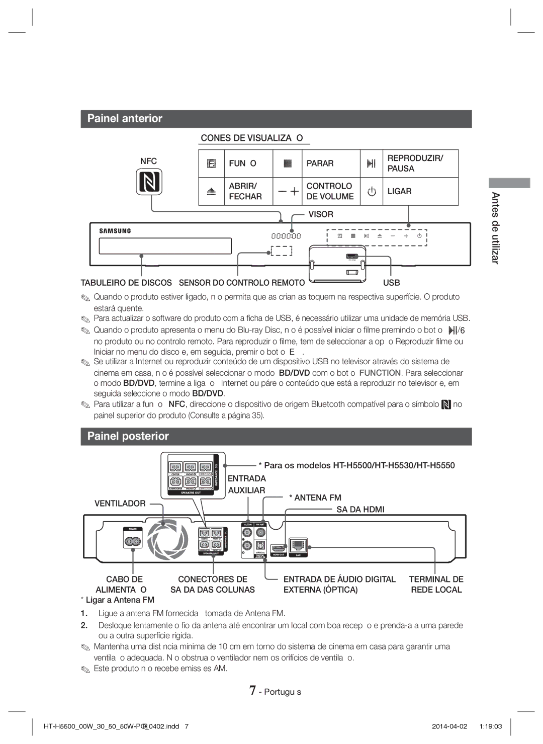 Samsung HT-H5500/EN, HT-H5530/EN, HT-H5550/EN Painel anterior, Painel posterior, Para os modelos HT-H5500/HT-H5530/HT-H5550 