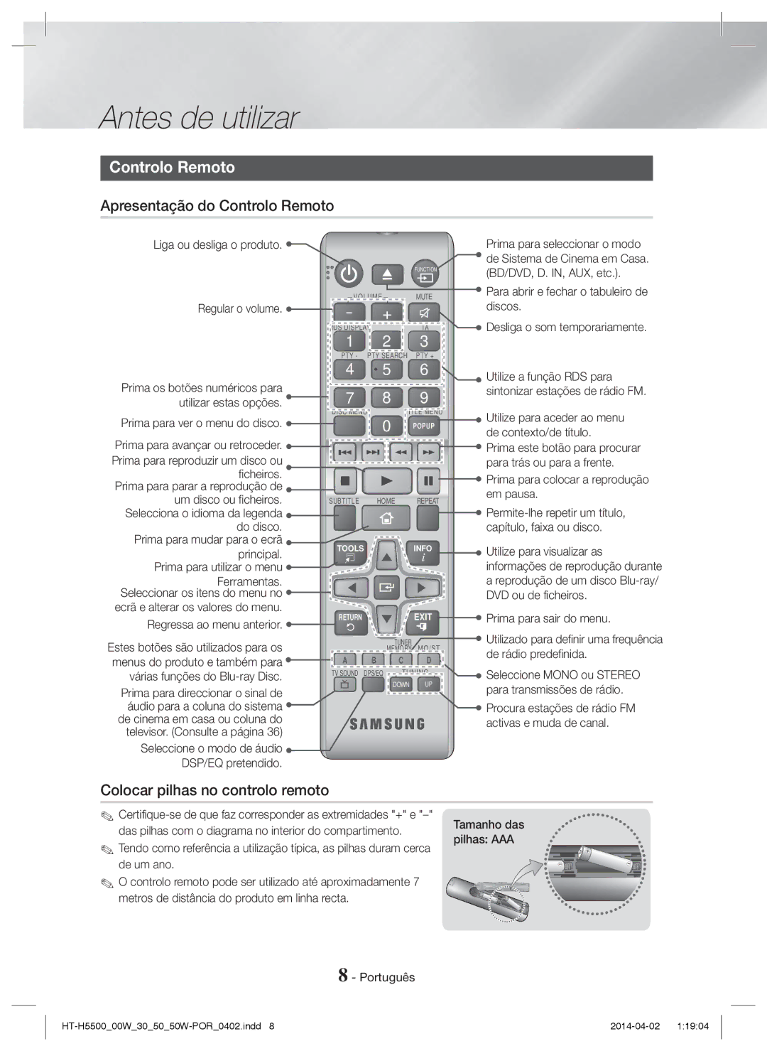 Samsung HT-H5550W/EN, HT-H5530/EN, HT-H5500/EN manual Apresentação do Controlo Remoto, Colocar pilhas no controlo remoto 