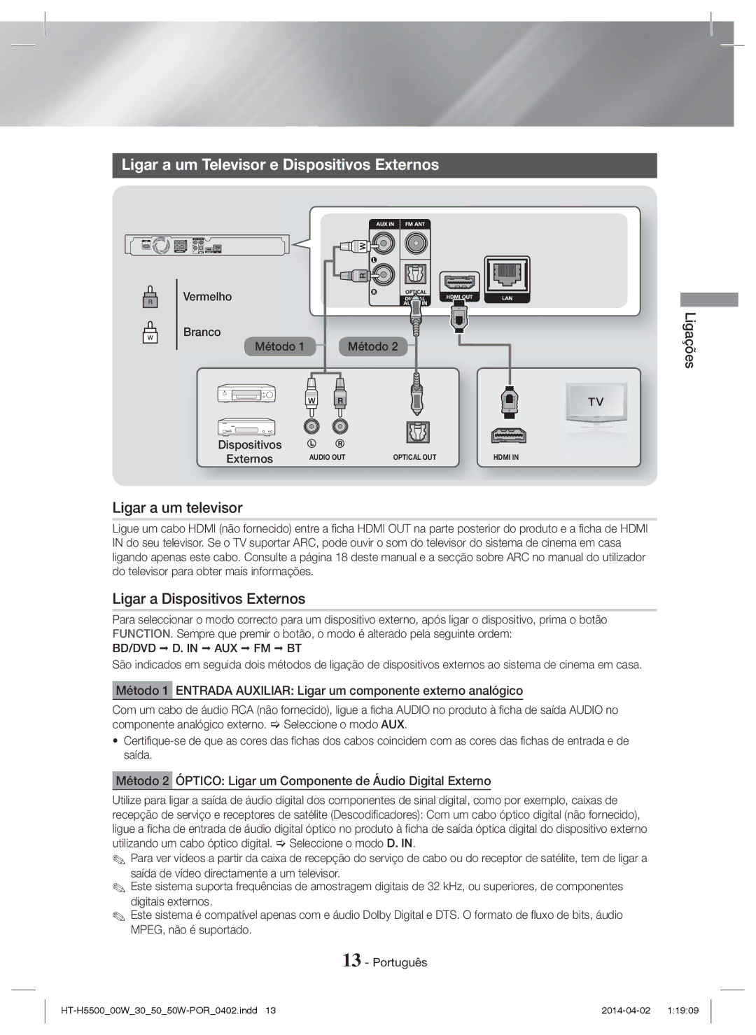 Samsung HT-H5530/ZF Ligar a um Televisor e Dispositivos Externos, Ligar a um televisor, Ligar a Dispositivos Externos 