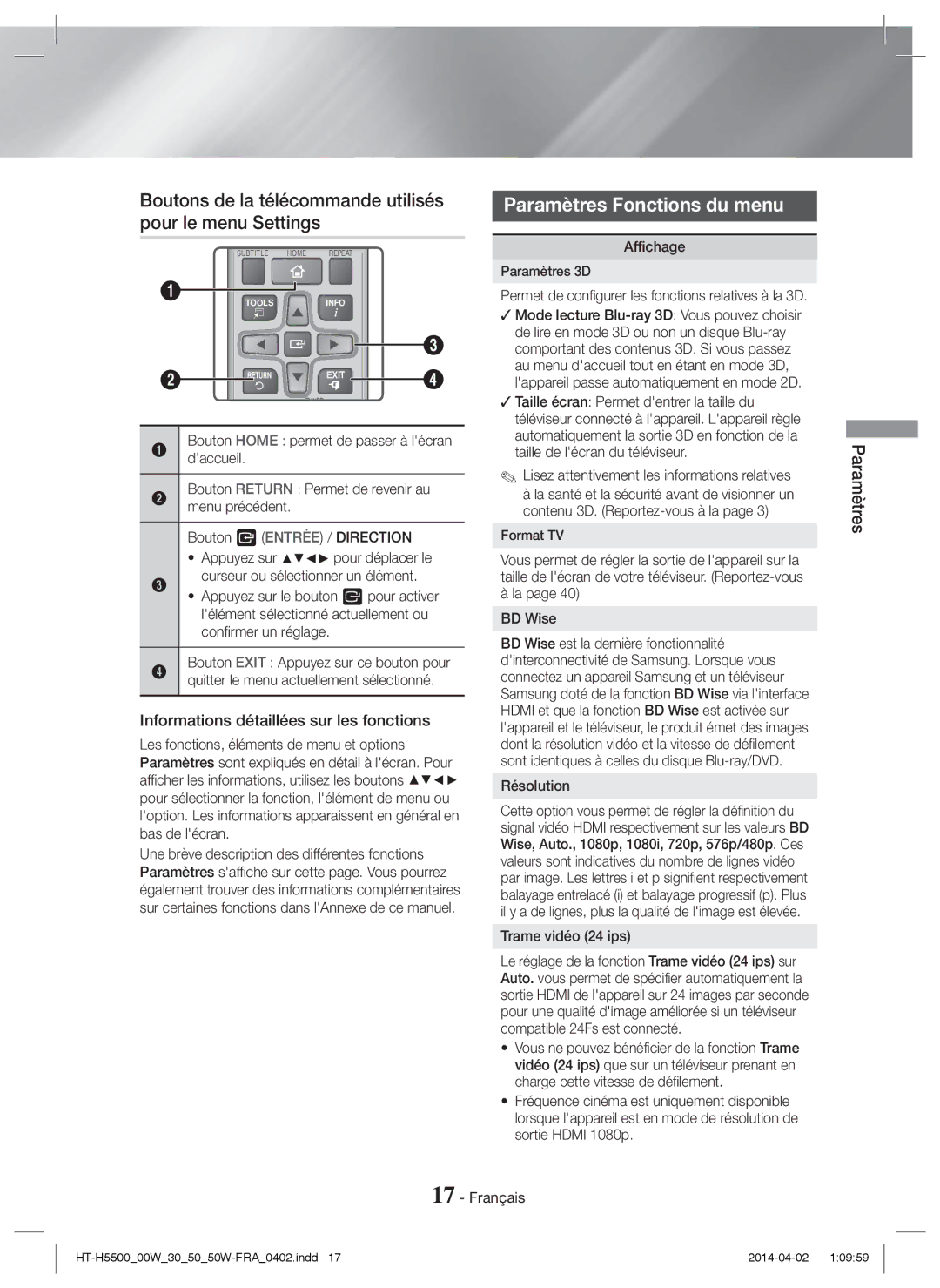 Samsung HT-H5550W/ZF, HT-H5530/EN Boutons de la télécommande utilisés pour le menu Settings, Paramètres Fonctions du menu 