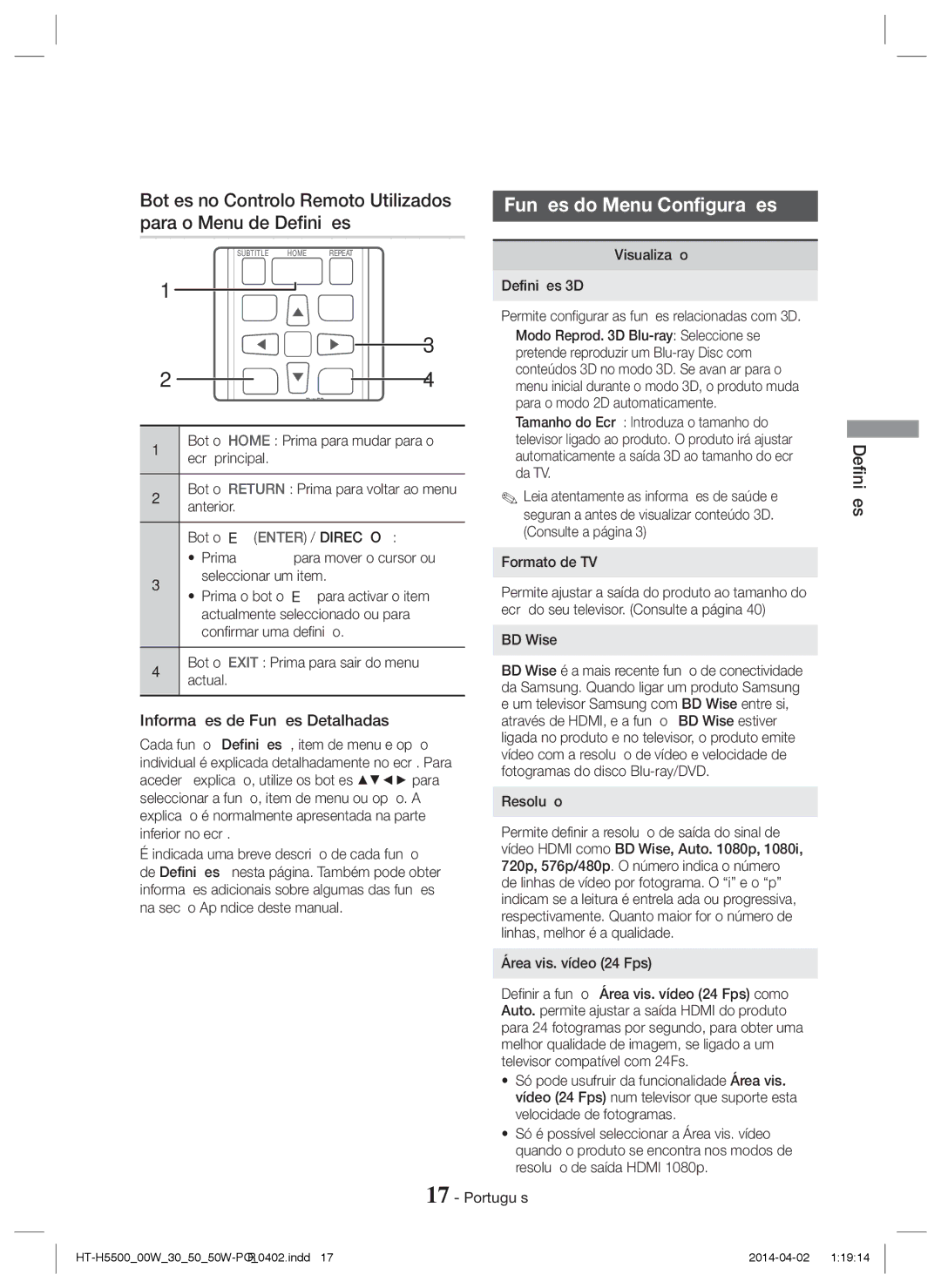 Samsung HT-H5550W/EN, HT-H5530/EN, HT-H5500/EN, HT-H5550/EN Funções do Menu Configurações, Informações de Funções Detalhadas 