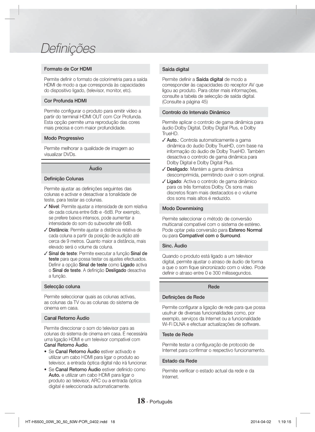 Samsung HT-H5550/EN manual Formato de Cor Hdmi, Cor Profunda Hdmi, Sinc. Áudio, Rede Definições de Rede, Teste de Rede 