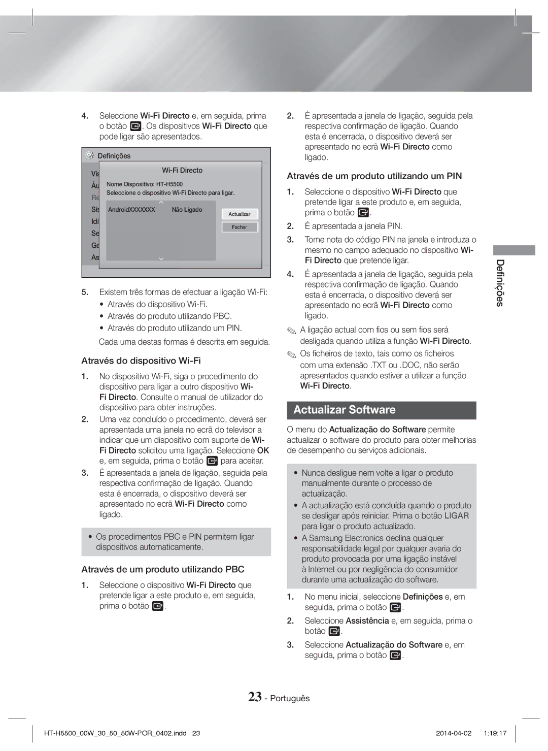 Samsung HT-H5550W/ZF, HT-H5530/EN Actualizar Software, Através do dispositivo Wi-Fi, Através de um produto utilizando PBC 