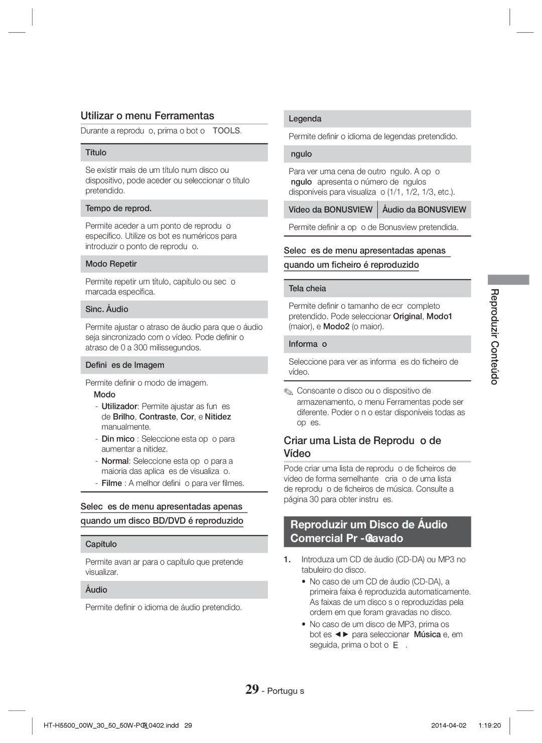 Samsung HT-H5500/ZF, HT-H5530/EN, HT-H5500/EN manual Utilizar o menu Ferramentas, Criar uma Lista de Reprodução de Vídeo 