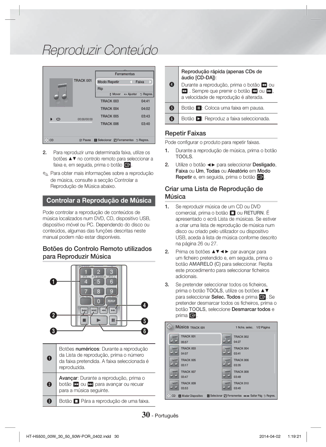 Samsung HT-H5500W/ZF manual Controlar a Reprodução de Música, Botões do Controlo Remoto utilizados para Reproduzir Música 