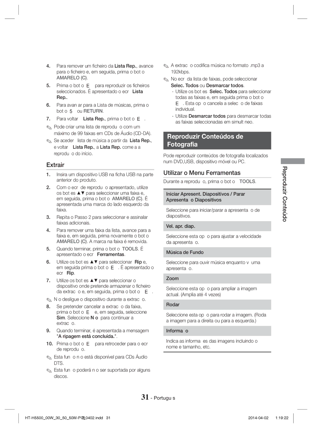 Samsung HT-H5530/ZF, HT-H5530/EN, HT-H5500/EN, HT-H5550W/EN, HT-H5550/EN manual Extrair, Reproduzir Conteúdos de Fotografia 