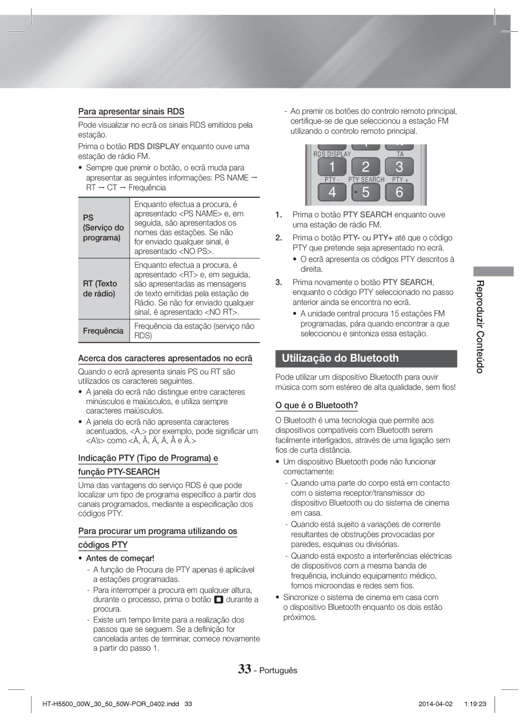 Samsung HT-H5530/EN Para apresentar sinais RDS, Indicação PTY Tipo de Programa e Função PTY-SEARCH, Que é o Bluetooth? 