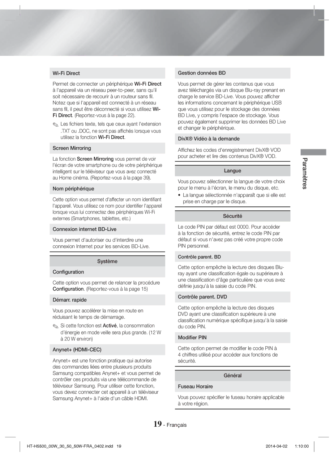 Samsung HT-H5500/EN Wi-Fi Direct Gestion données BD, Vous permet de gérer les contenus que vous, Nom périphérique, Système 