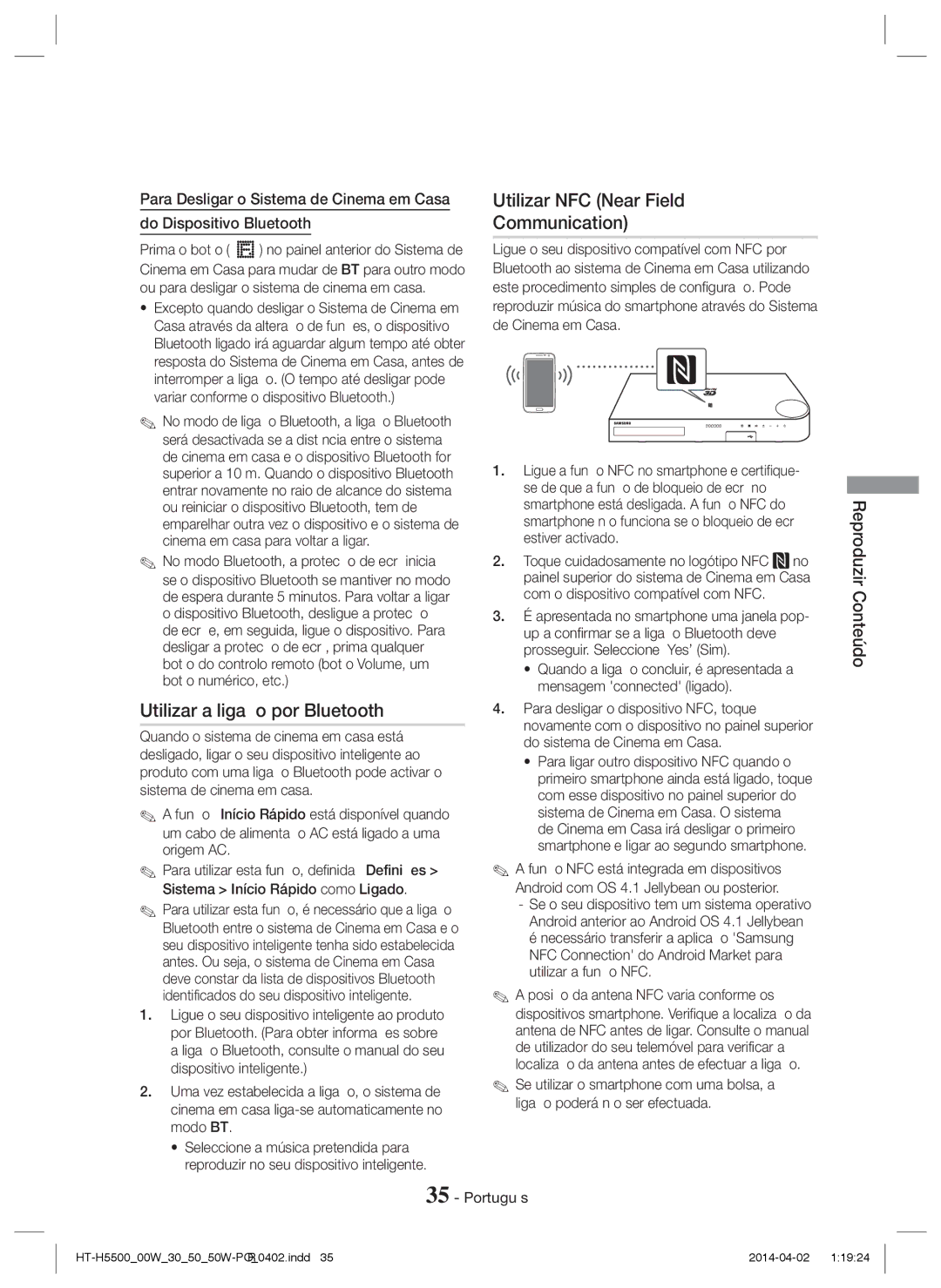 Samsung HT-H5550W/EN, HT-H5530/EN, HT-H5500/EN manual Utilizar a ligação por Bluetooth, Utilizar NFC Near Field Communication 