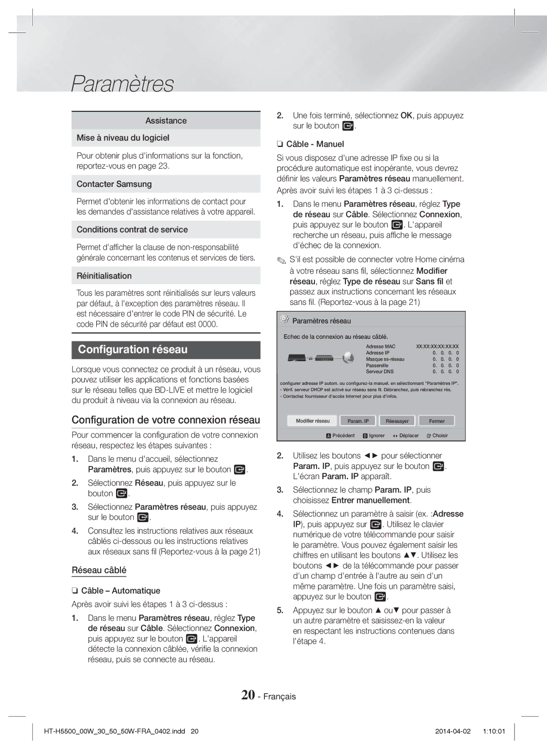 Samsung HT-H5550W/EN manual Configuration réseau, Configuration de votre connexion réseau, Réseau câblé, Réinitialisation 