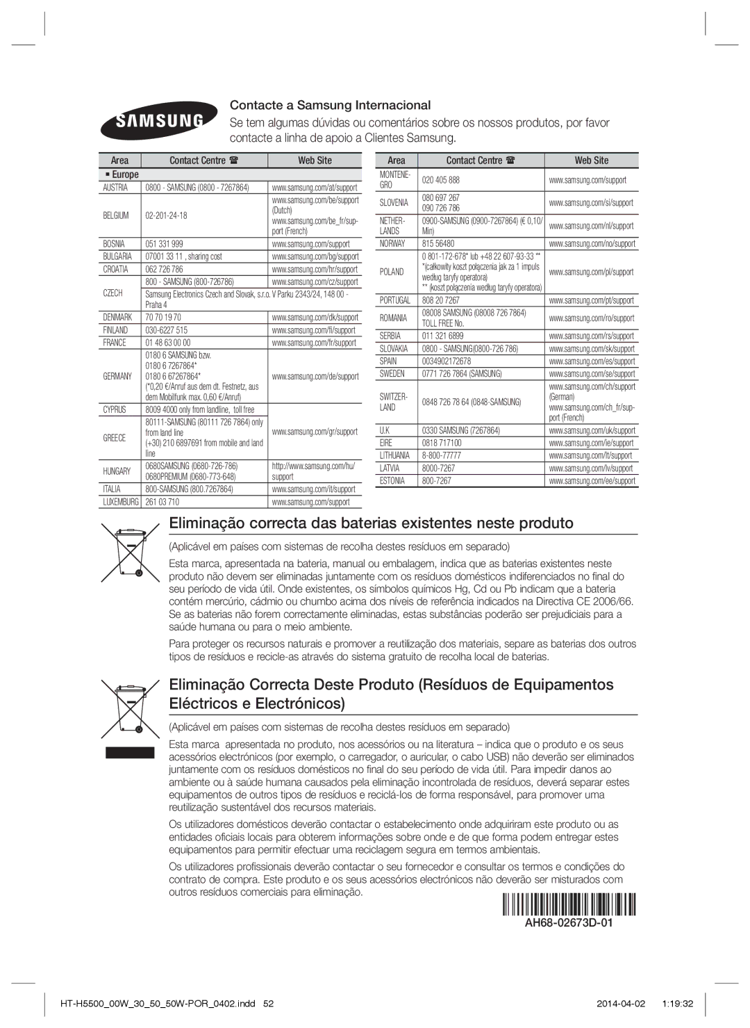 Samsung HT-H5500/EN, HT-H5530/EN, HT-H5550W/EN Eliminação correcta das baterias existentes neste produto, AH68-02673D-01 