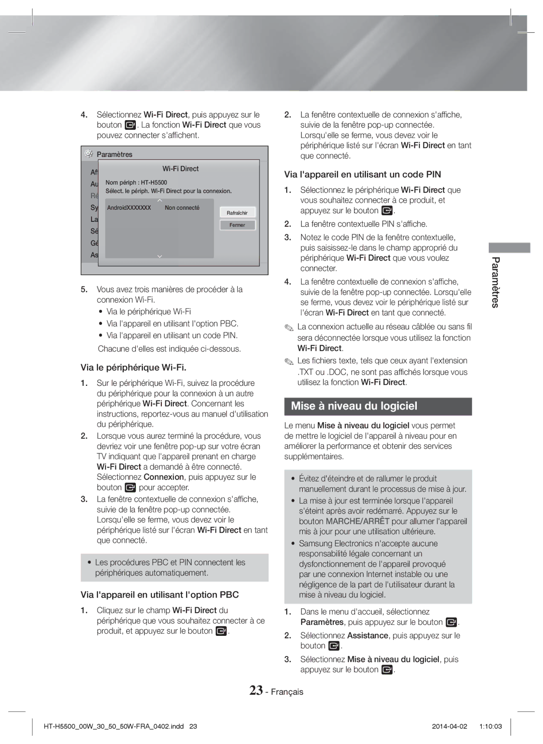 Samsung HT-H5500/ZF manual Mise à niveau du logiciel, Via le périphérique Wi-Fi, Via lappareil en utilisant loption PBC 