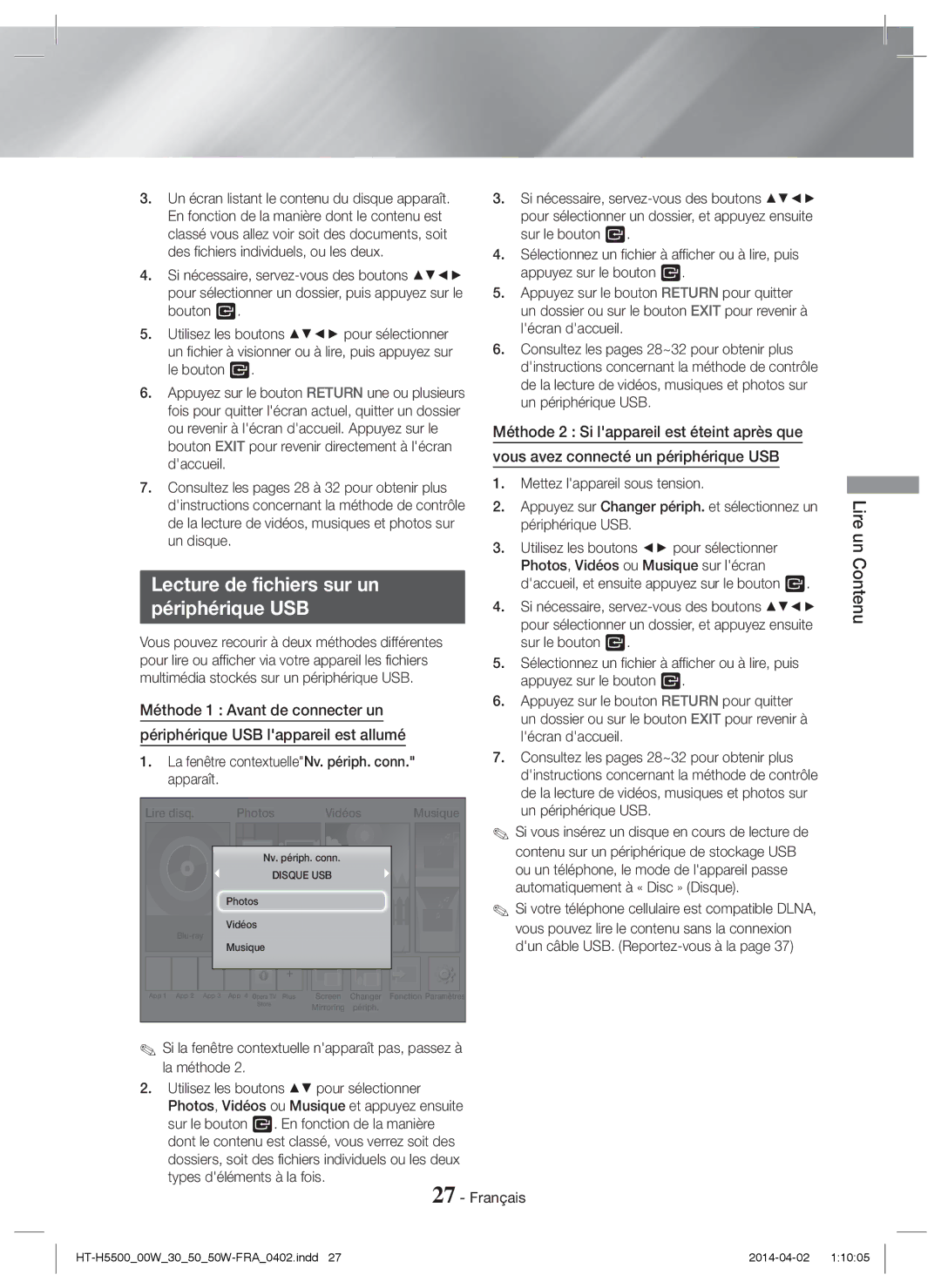 Samsung HT-H5530/EN, HT-H5500/EN, HT-H5550W/EN, HT-H5550/EN Lecture de fichiers sur un Périphérique USB, Lire un Contenu 