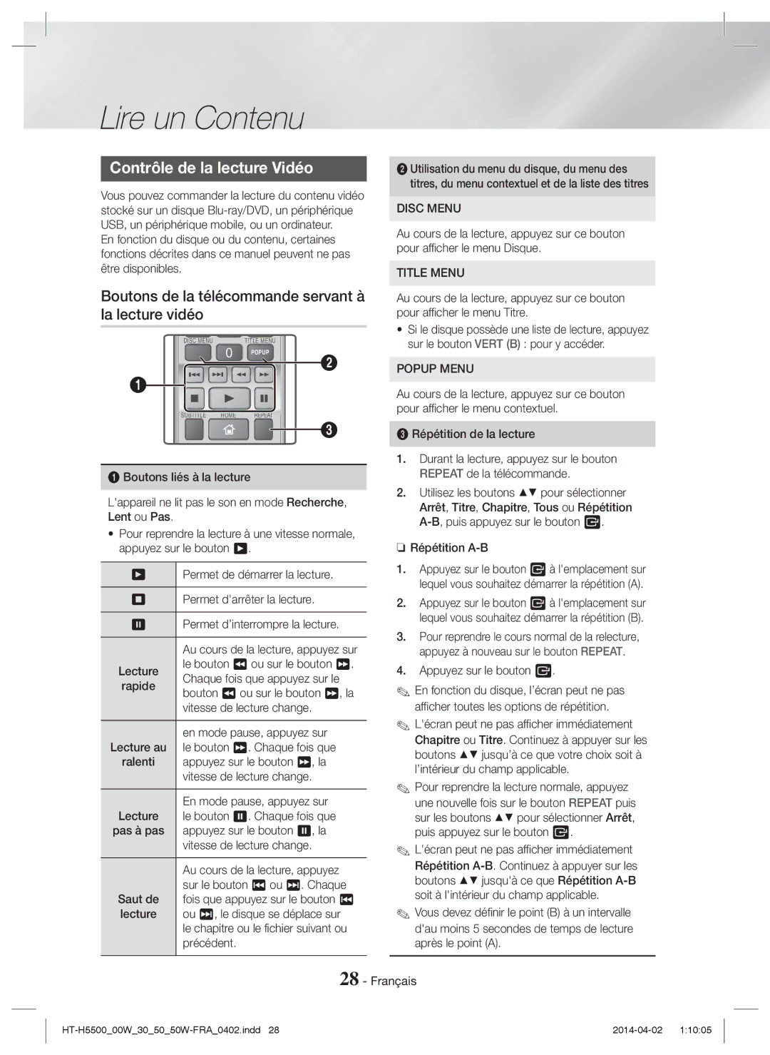 Samsung HT-H5500/EN, HT-H5530/EN manual Contrôle de la lecture Vidéo, Boutons de la télécommande servant à la lecture vidéo 