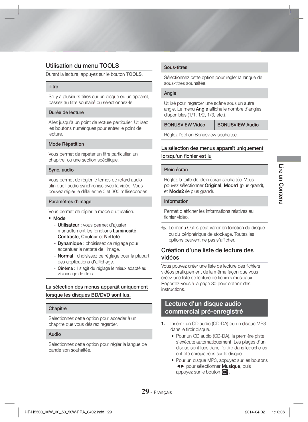 Samsung HT-H5550W/EN, HT-H5530/EN, HT-H5500/EN manual Utilisation du menu Tools, Création d’une liste de lecture des vidéos 