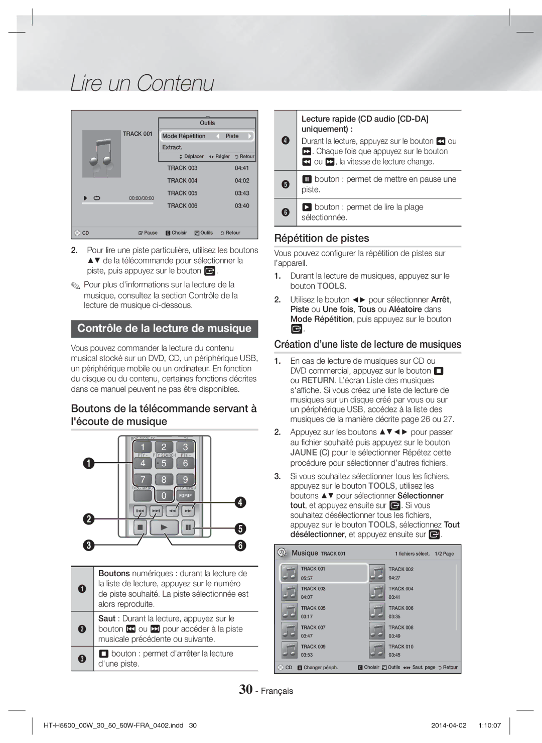 Samsung HT-H5550/EN, HT-H5530/EN, HT-H5500/EN Répétition de pistes, Boutons de la télécommande servant à lécoute de musique 