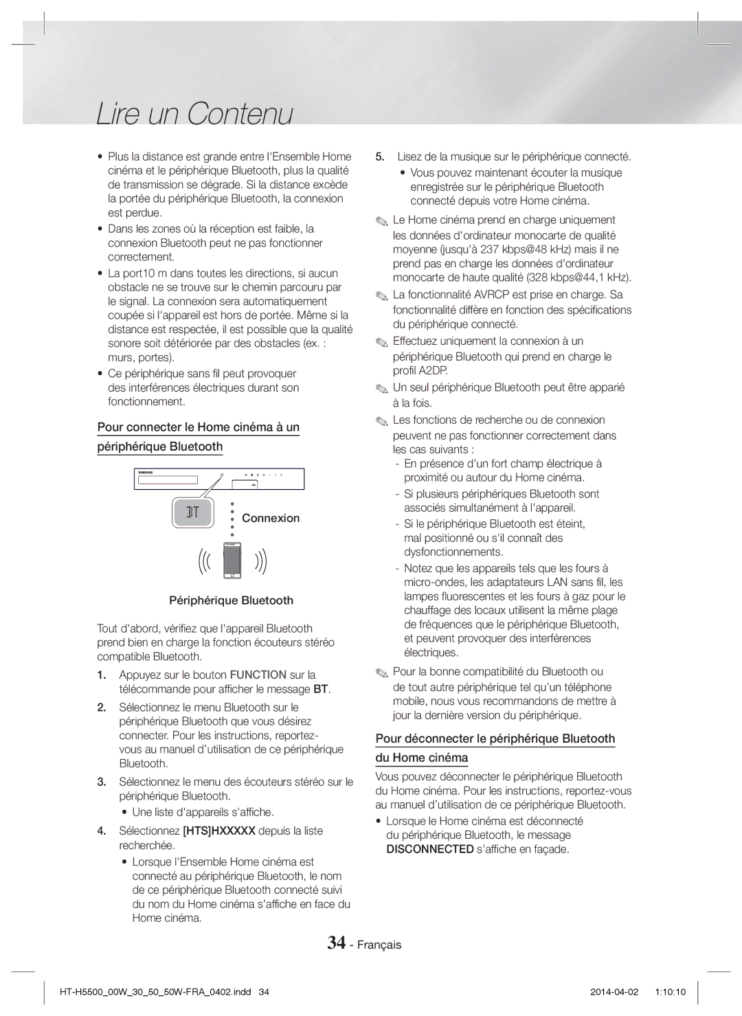Samsung HT-H5530/ZF, HT-H5530/EN, HT-H5500/EN, HT-H5550W/EN manual Pour connecter le Home cinéma à un Périphérique Bluetooth 
