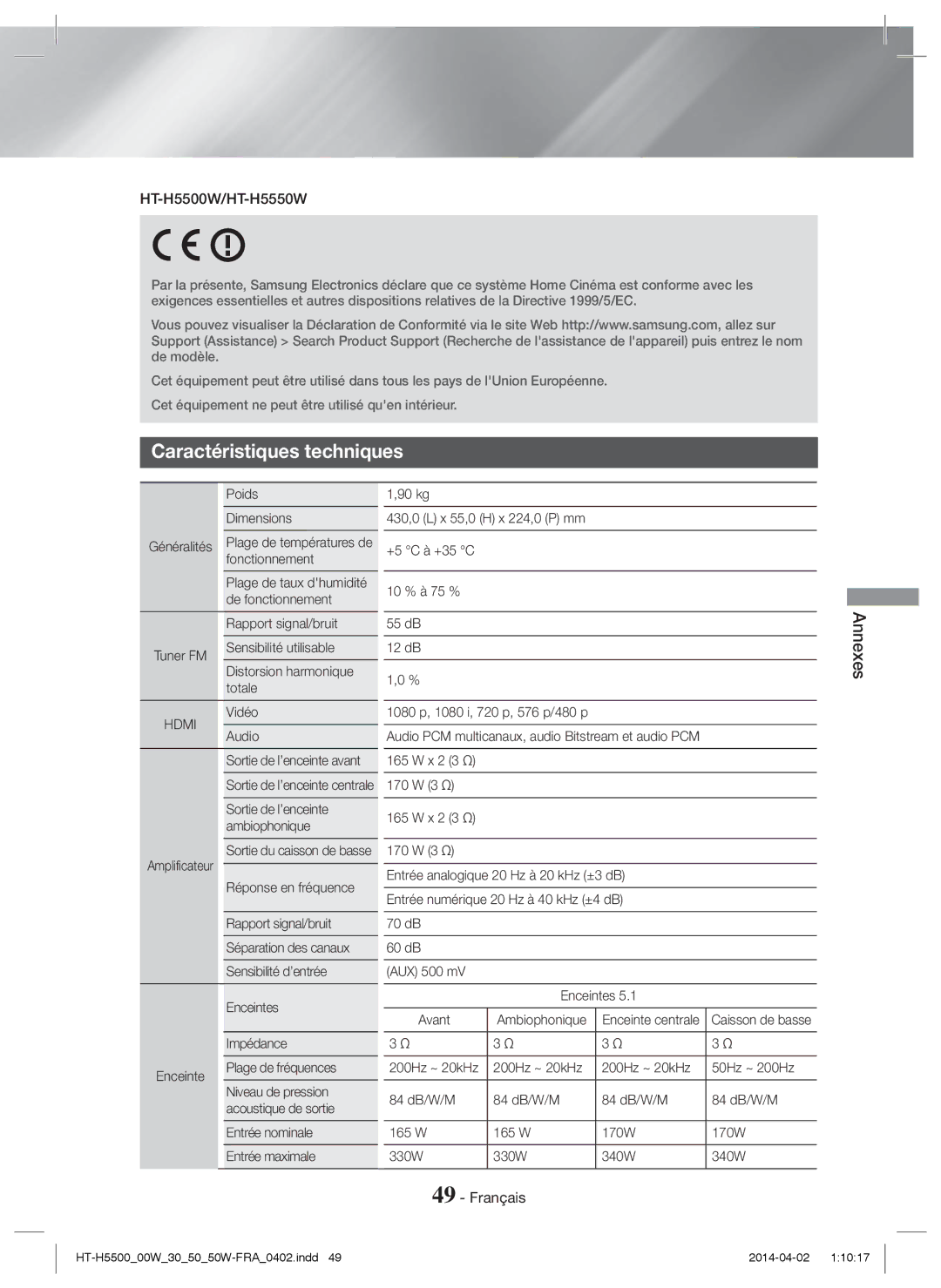 Samsung HT-H5550/ZF, HT-H5530/EN, HT-H5500/EN, HT-H5550W/EN, HT-H5550/EN Caractéristiques techniques, HT-H5500W/HT-H5550W 