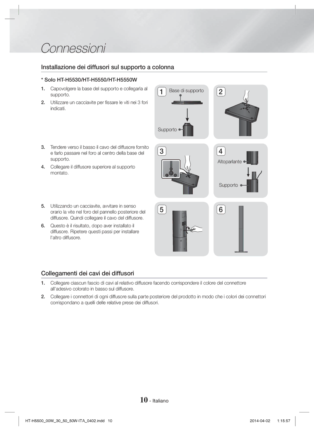 Samsung HT-H5550W/ZF, HT-H5530/EN Collegamenti dei cavi dei diffusori, Capovolgere la base del supporto e collegarla al 