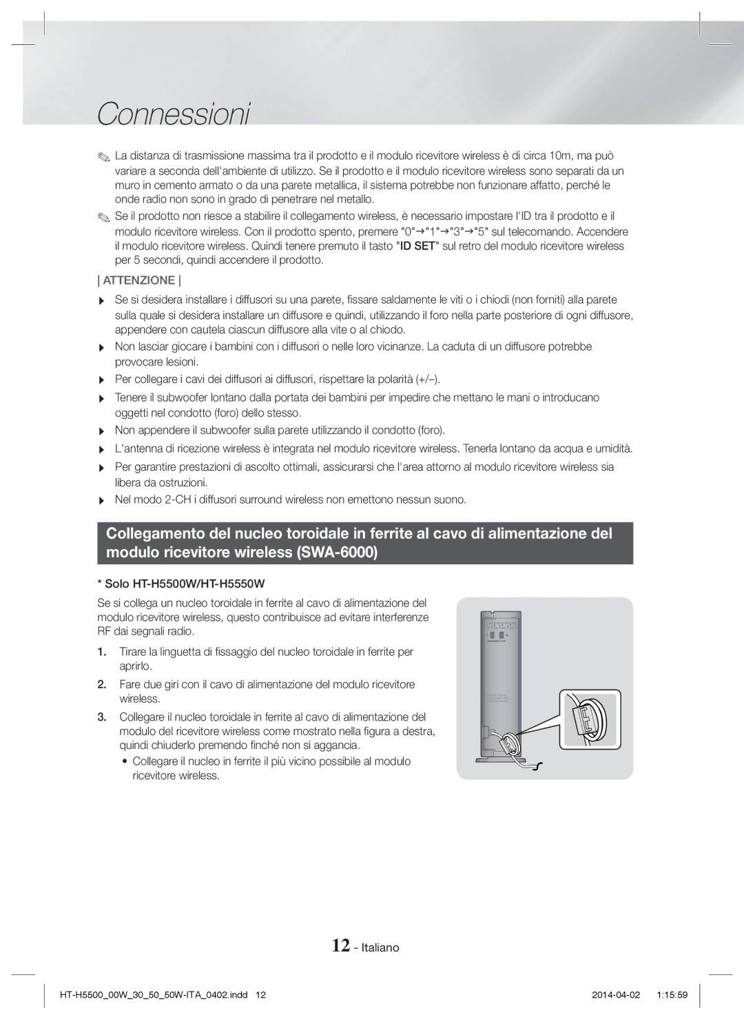 Samsung HT-H5500/EN, HT-H5530/EN, HT-H5550W/EN, HT-H5550/EN, HT-H5550/ZF, HT-H5500/ZF, HT-H5500W/ZF, HT-H5530/ZF manual Attenzione 