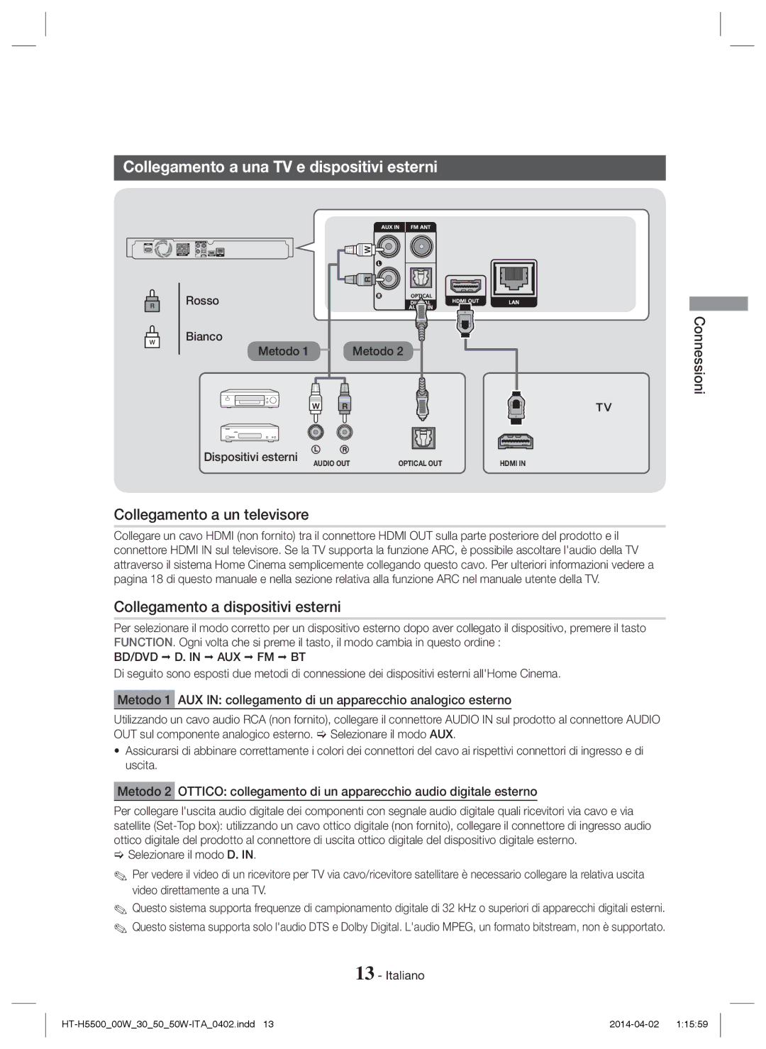 Samsung HT-H5550W/EN, HT-H5530/EN, HT-H5500/EN Collegamento a una TV e dispositivi esterni, Collegamento a un televisore 