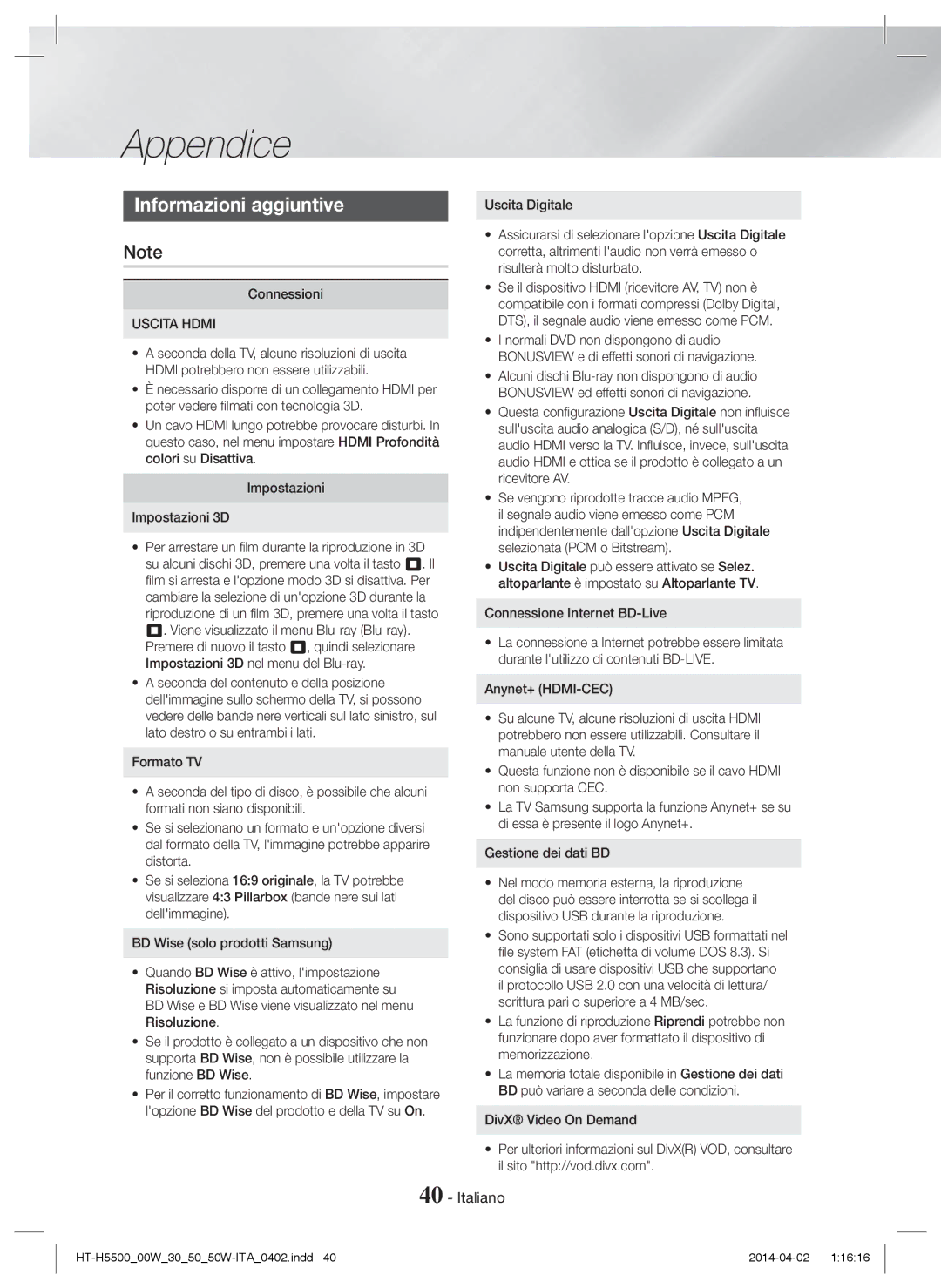 Samsung HT-H5550W/EN, HT-H5530/EN, HT-H5500/EN, HT-H5550/EN Appendice, Informazioni aggiuntive, Connessioni, Uscita Hdmi 