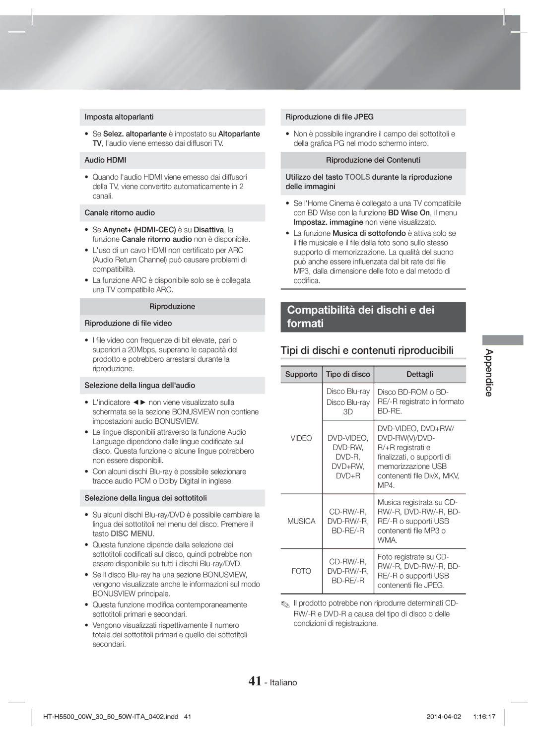 Samsung HT-H5550/EN manual Compatibilità dei dischi e dei Formati, Tipi di dischi e contenuti riproducibili, Appendice 