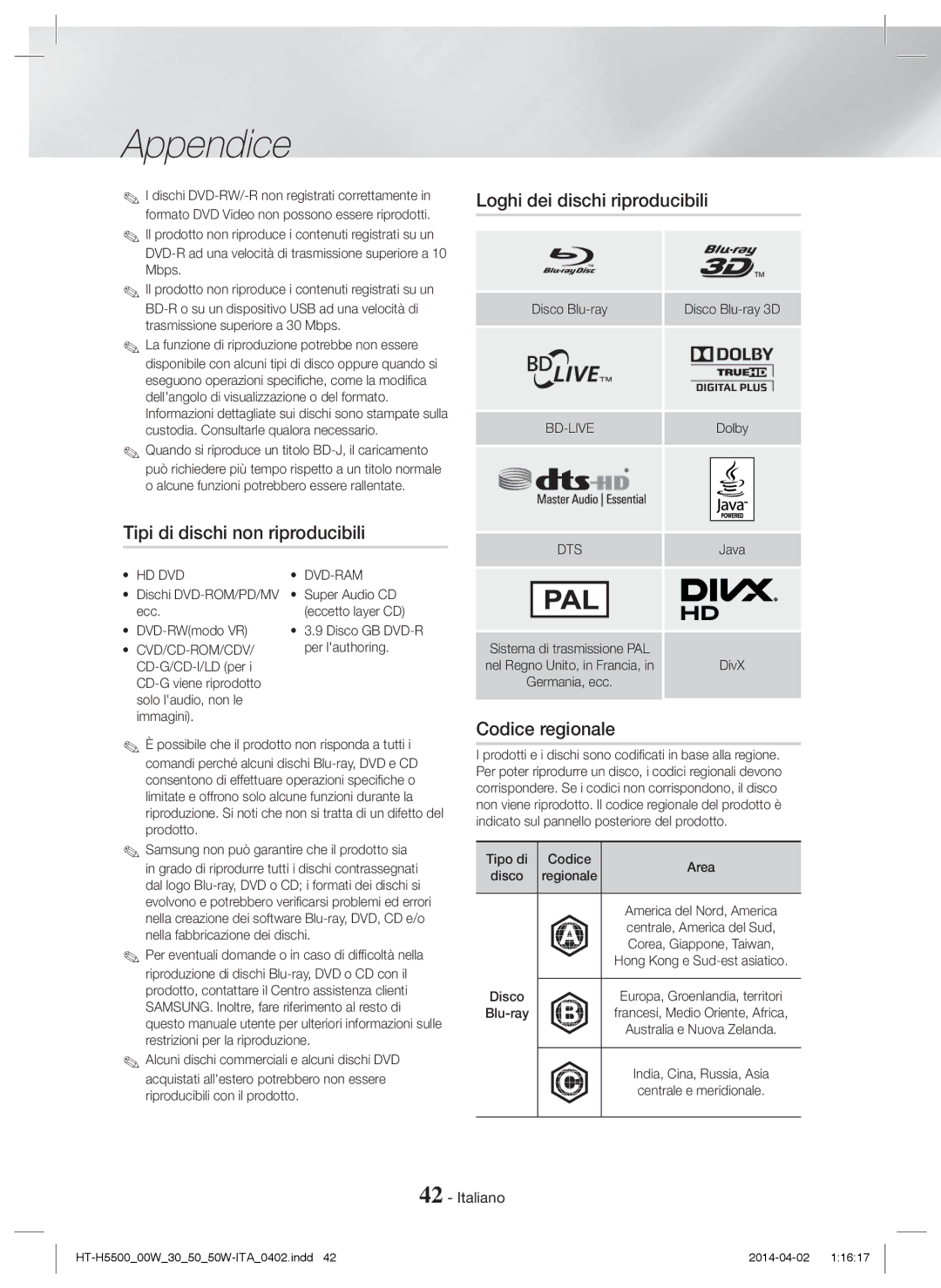 Samsung HT-H5550/ZF, HT-H5530/EN Tipi di dischi non riproducibili, Loghi dei dischi riproducibili, Codice regionale, Dts 