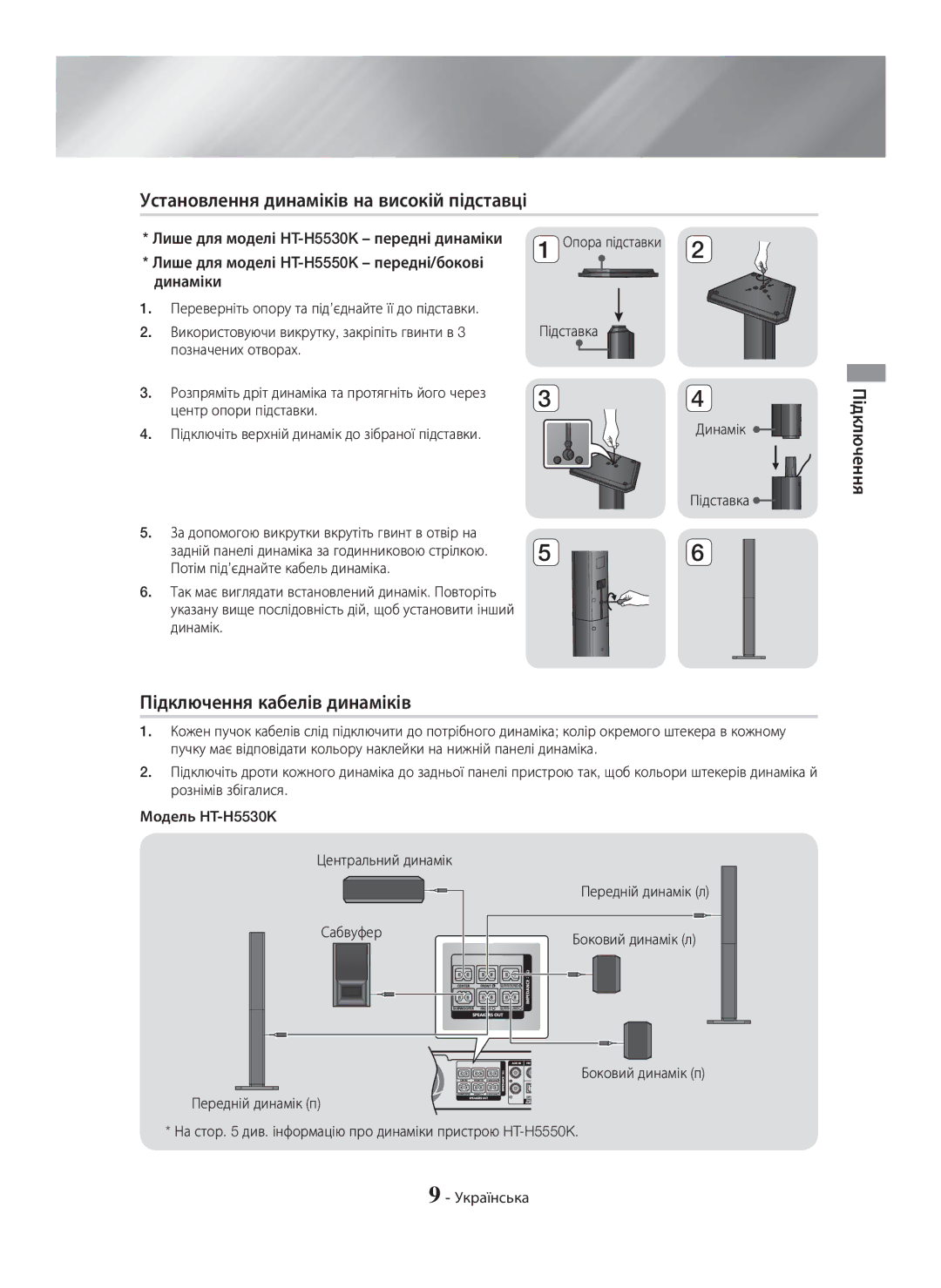 Samsung HT-H5530K/RU, HT-H5550K/RU manual Установлення динаміків на високій підставці, Підключення кабелів динаміків 