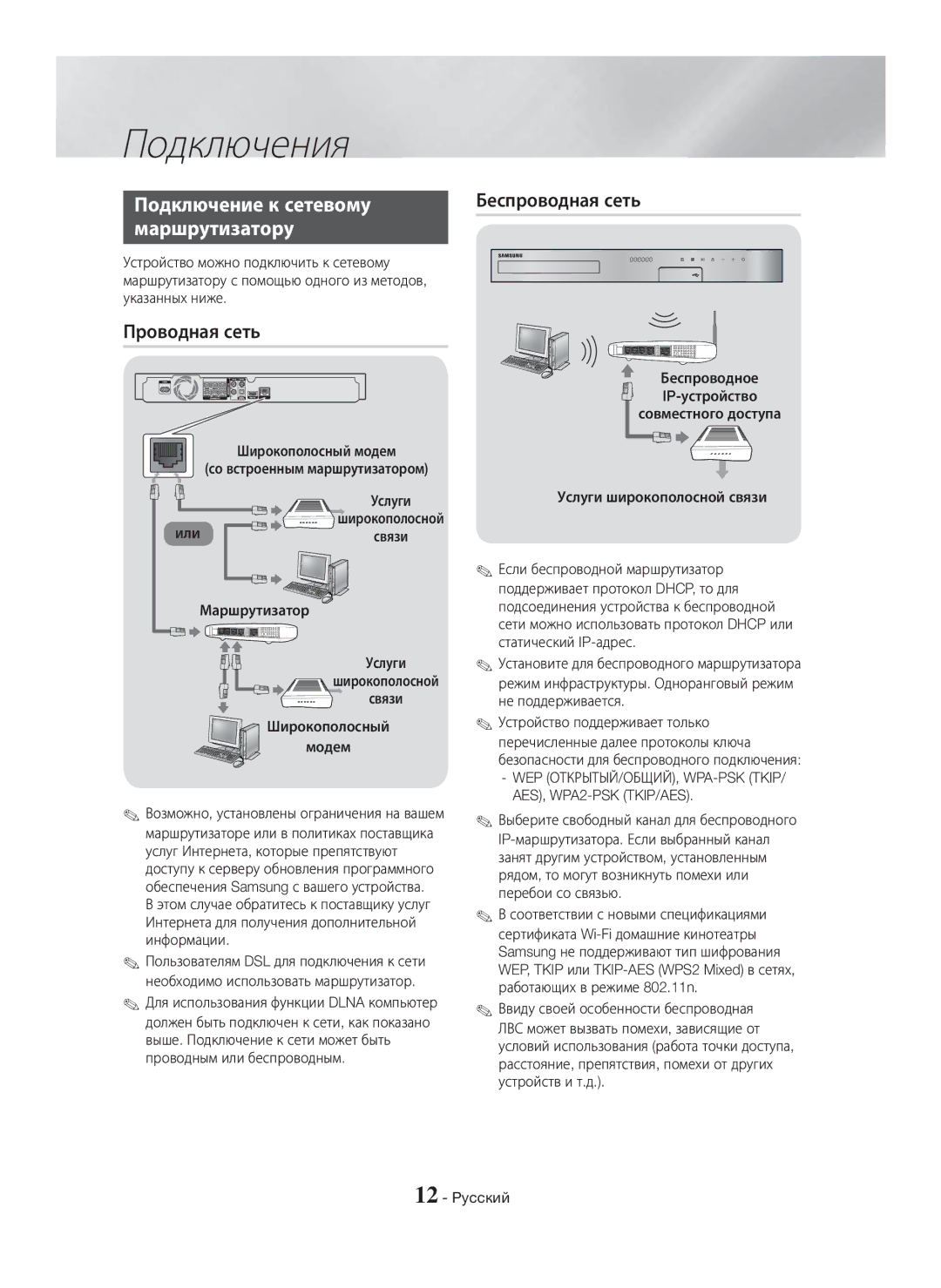 Samsung HT-H5550K/RU, HT-H5530K/RU manual Подключение к сетевому, Маршрутизатору, Проводная сеть 