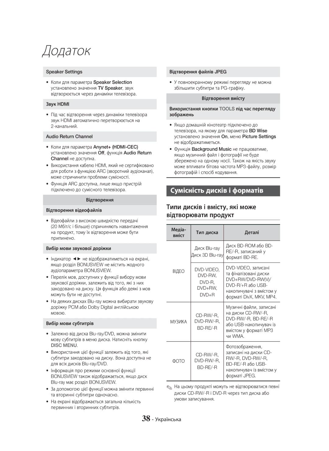 Samsung HT-H5550K/RU Сумісність дисків і форматів, Типи дисків і вмісту, які може відтворювати продукт, 38 Українська 