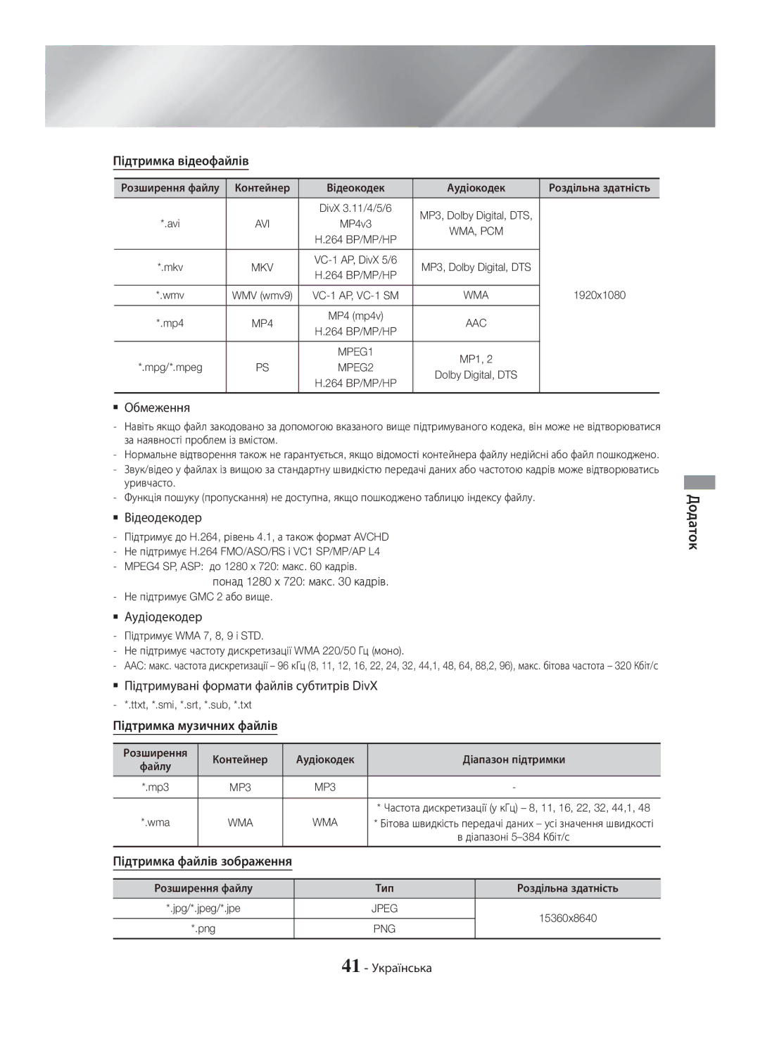 Samsung HT-H5530K/RU manual Підтримка відеофайлів,  Обмеження,  Відеодекодер,  Аудіодекодер, Підтримка музичних файлів 