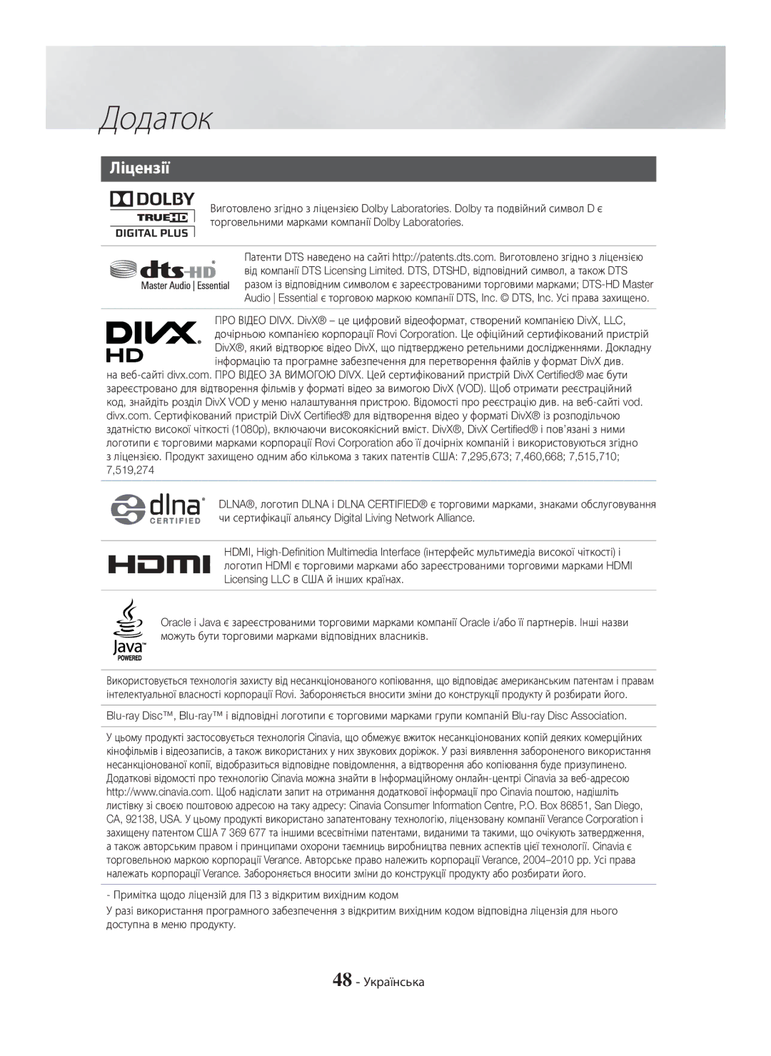 Samsung HT-H5550K/RU, HT-H5530K/RU manual Ліцензії, 48 Українська 