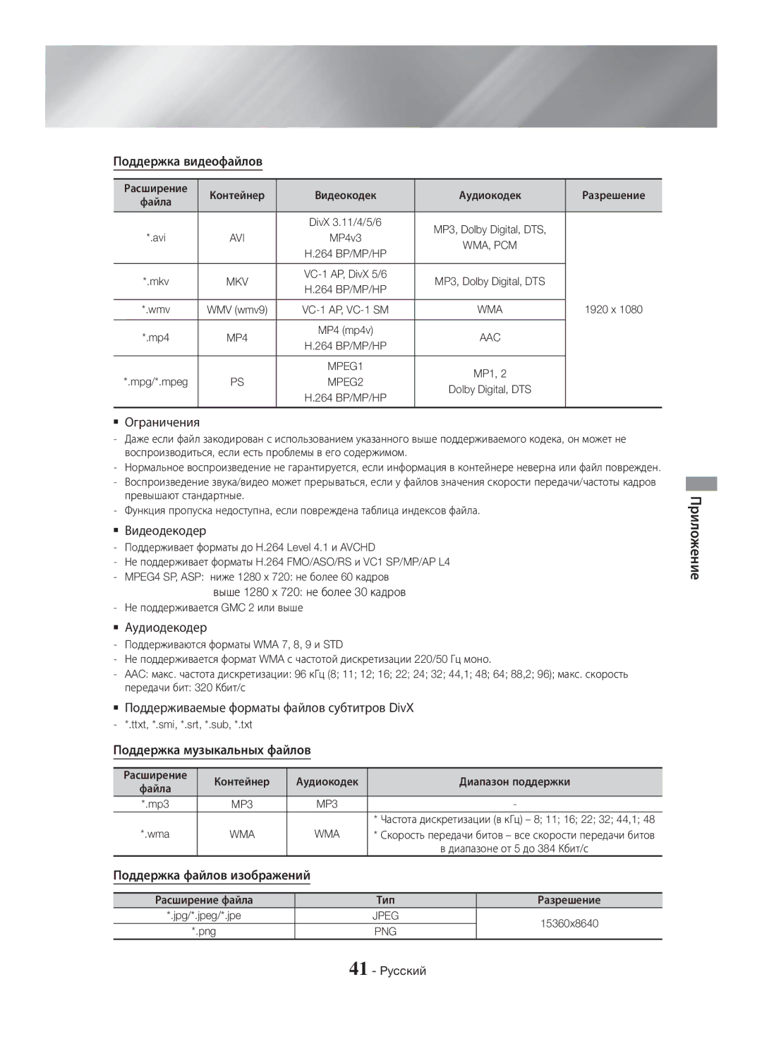 Samsung HT-H5530K/RU Поддержка видеофайлов,  Ограничения,  Видеодекодер,  Аудиодекодер, Поддержка музыкальных файлов 