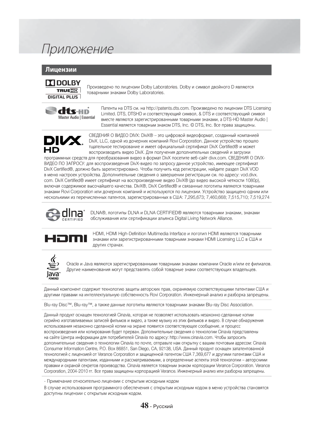 Samsung HT-H5550K/RU, HT-H5530K/RU manual Лицензии 