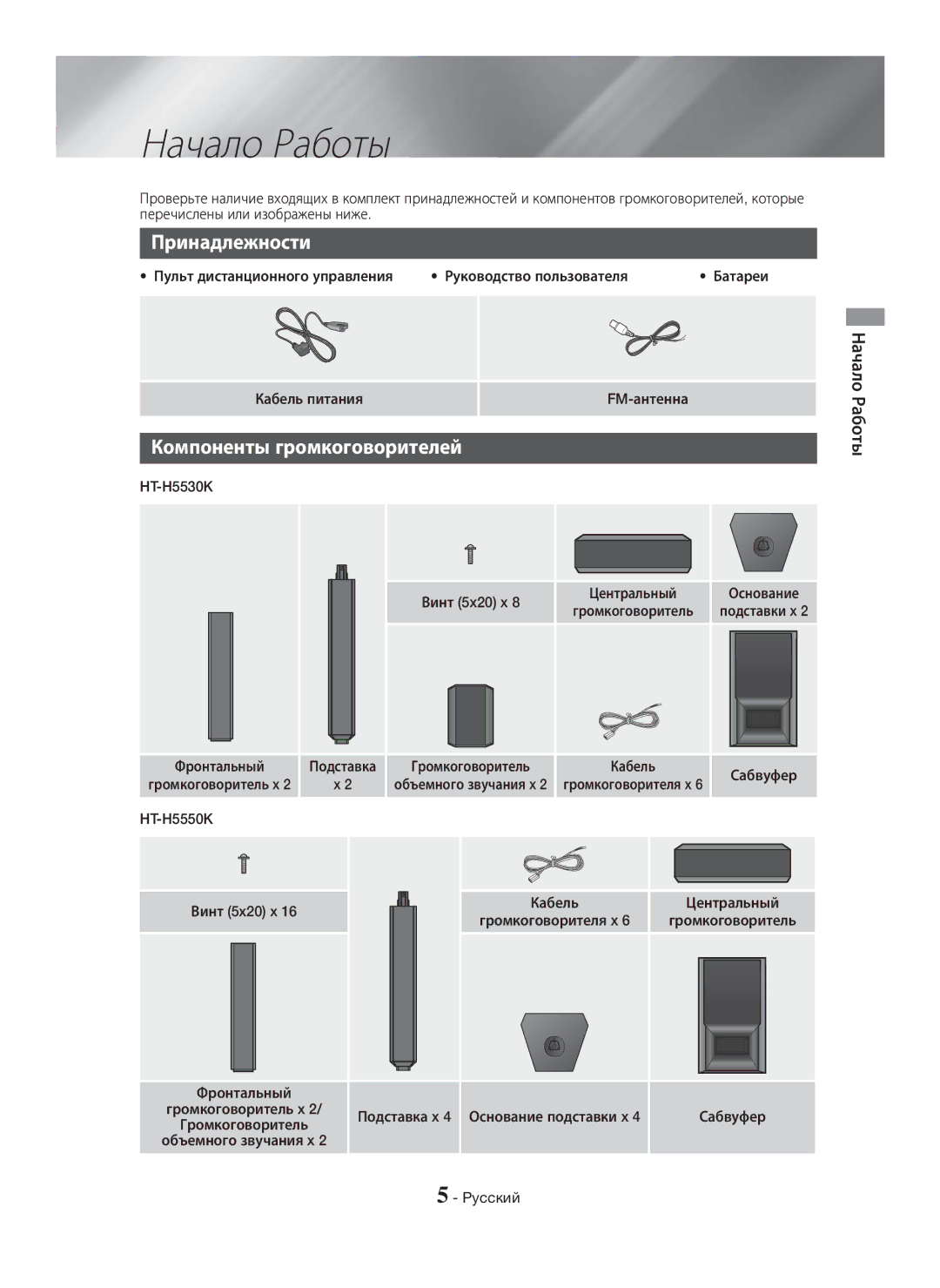 Samsung HT-H5530K/RU, HT-H5550K/RU manual Начало Работы, Принадлежности, Компоненты громкоговорителей 