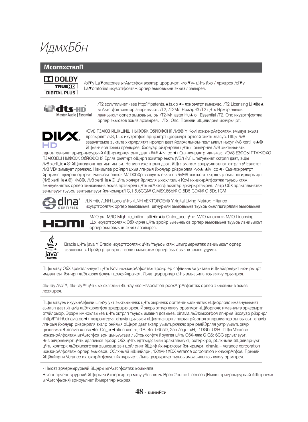 Samsung HT-H5530K/RU, HT-H5550K/RU manual Лицензиялар, 48 Қазақша 