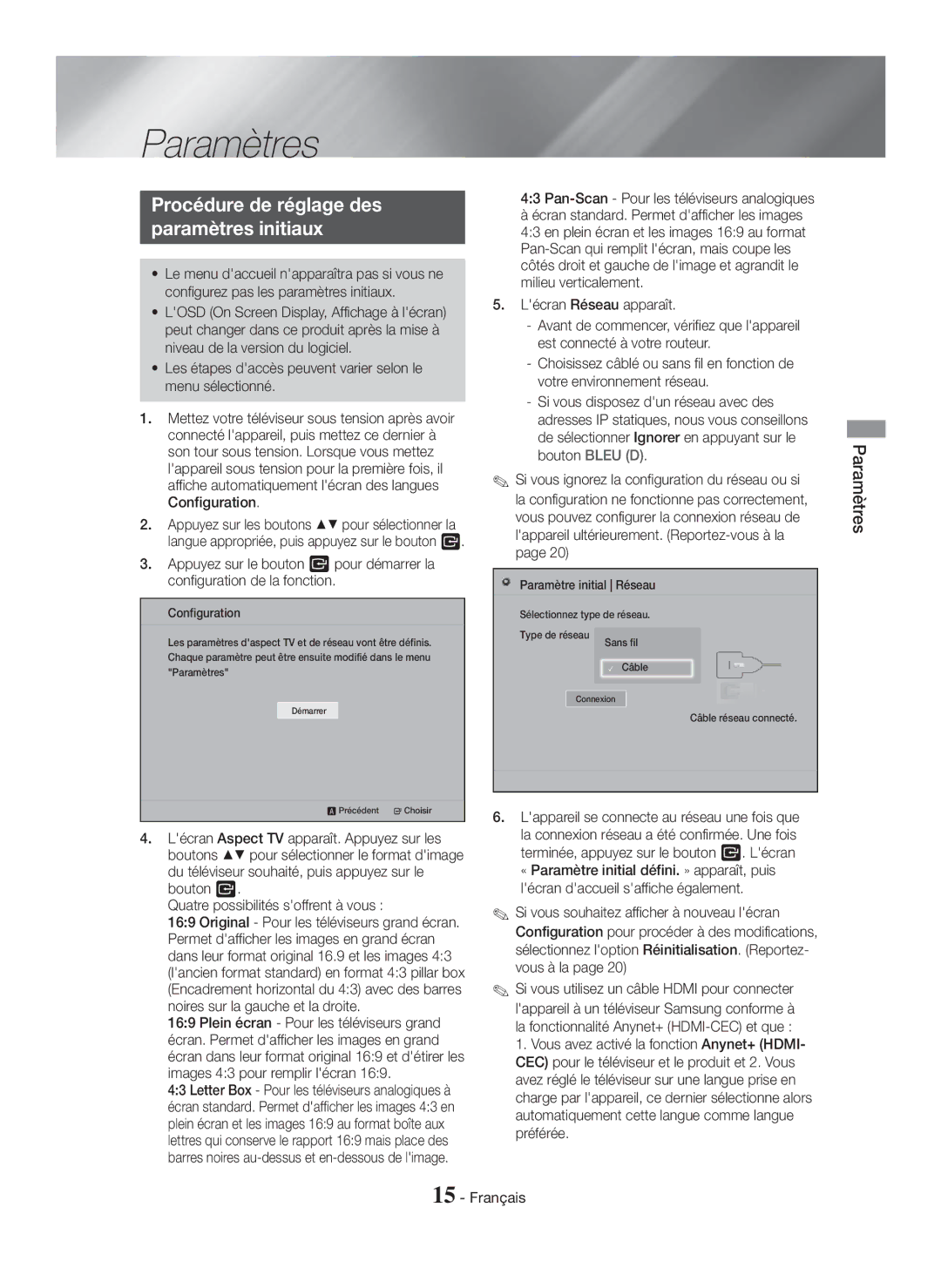 Samsung HT-H5550K/SJ manual Procédure de réglage des Paramètres initiaux, Pan-Scan Pour les téléviseurs analogiques 