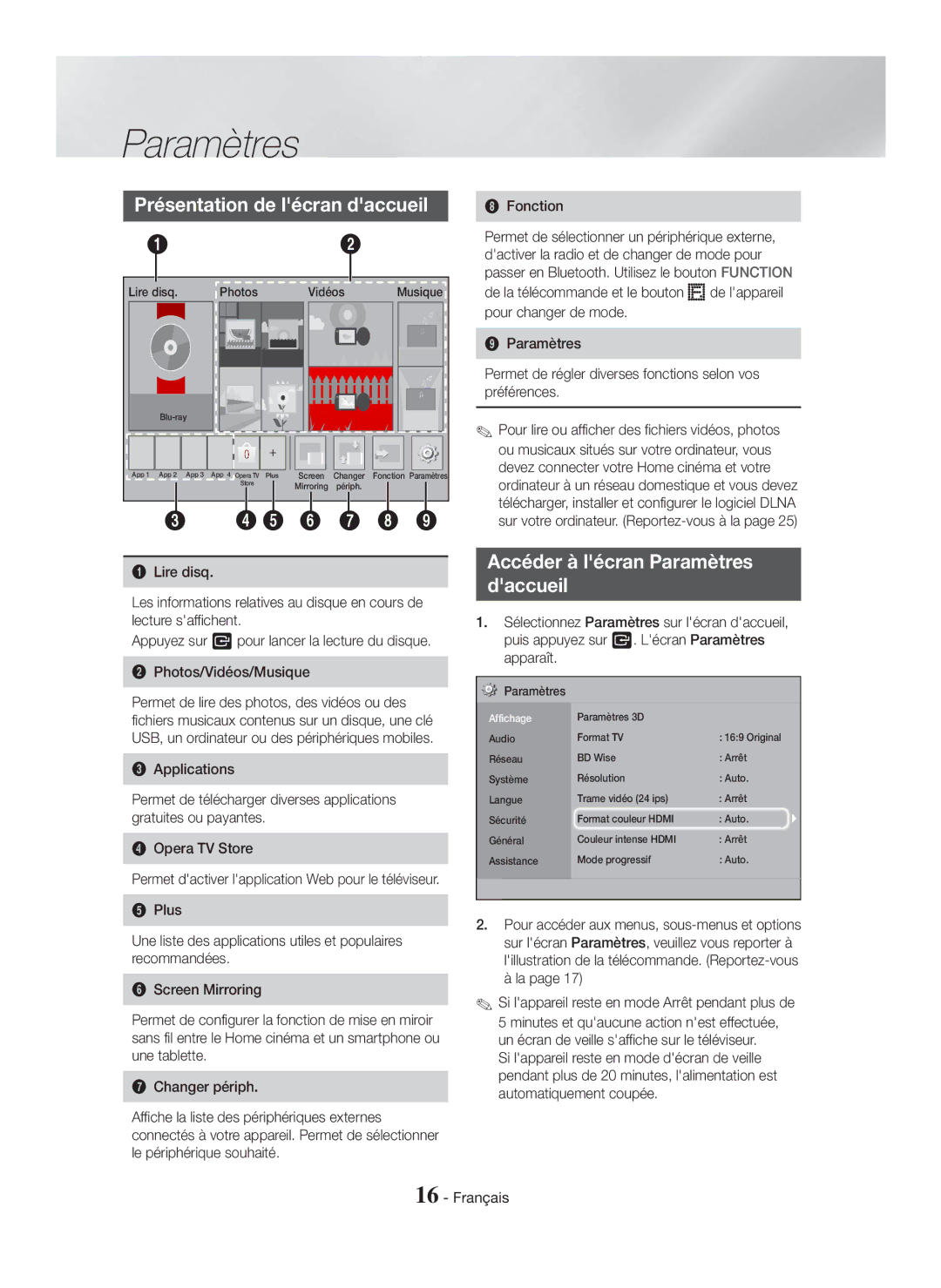 Samsung HT-H5550K/SJ manual Présentation de lécran daccueil, Accéder à lécran Paramètres Daccueil, Fonction 