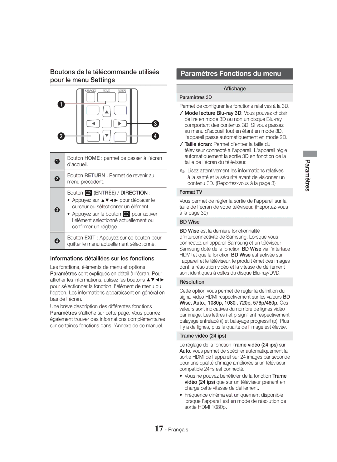 Samsung HT-H5550K/SJ manual Boutons de la télécommande utilisés pour le menu Settings, Paramètres Fonctions du menu 