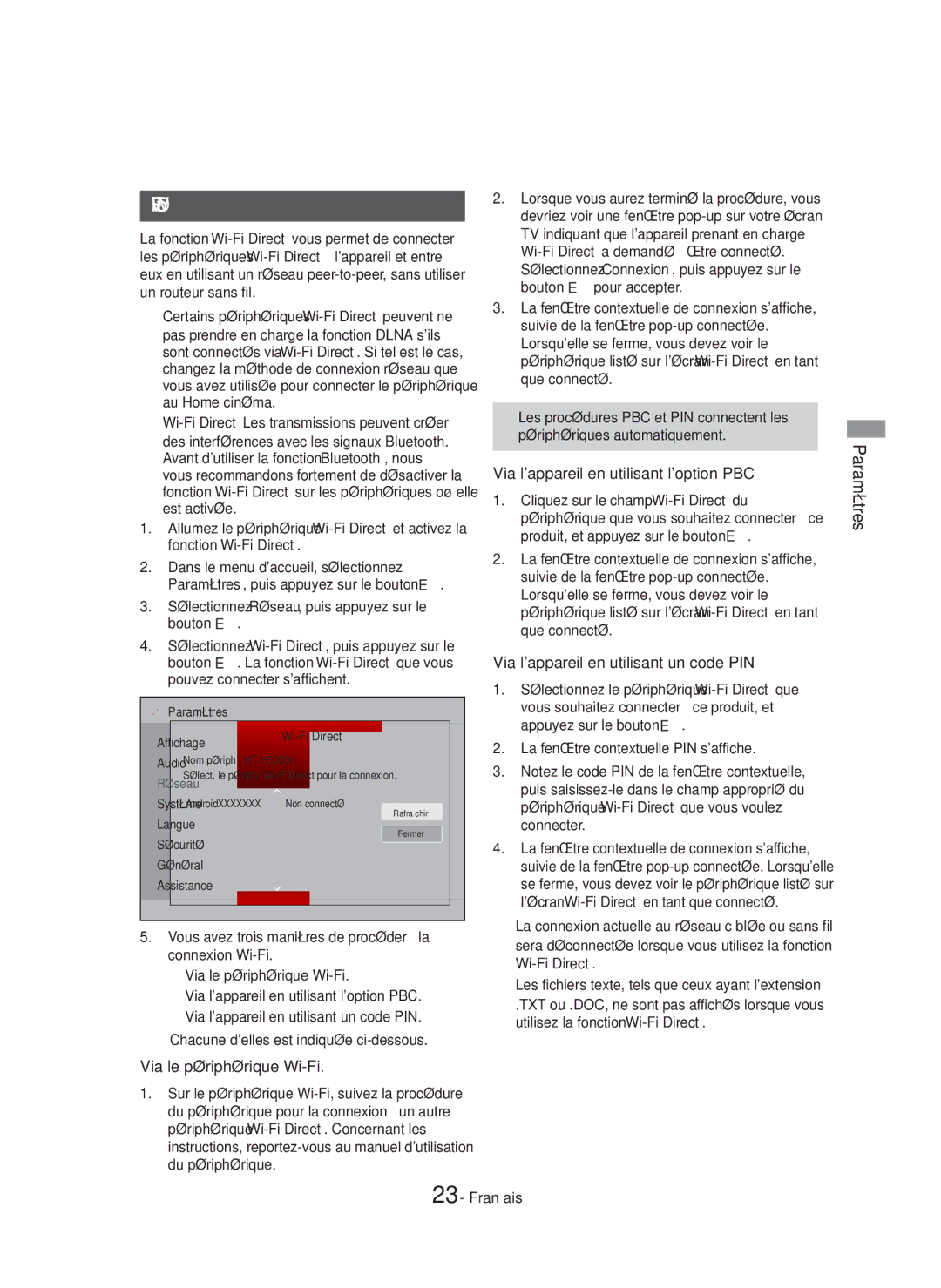 Samsung HT-H5550K/SJ manual Via lappareil en utilisant loption PBC, Via lappareil en utilisant un code PIN 