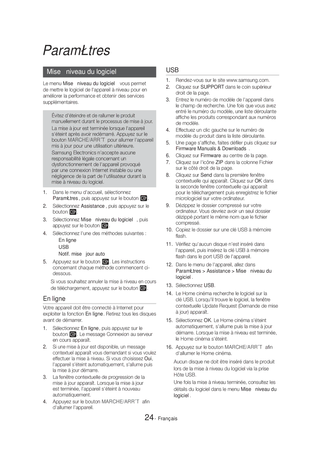 Samsung HT-H5550K/SJ manual Mise à niveau du logiciel, En ligne 