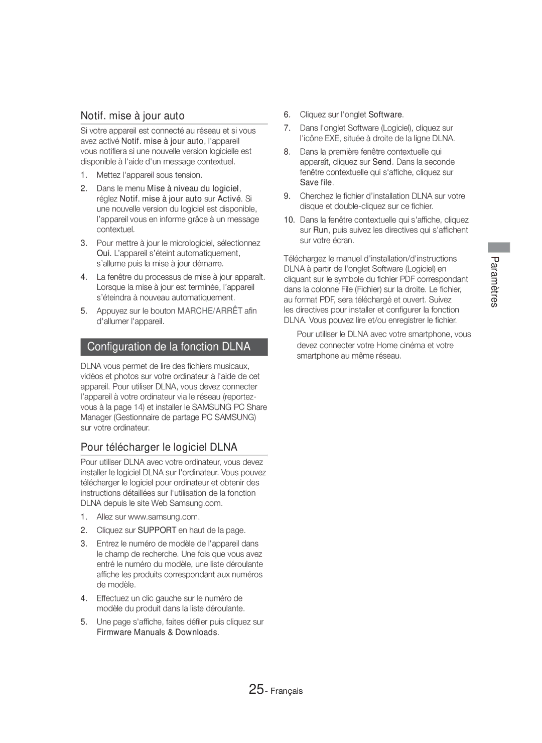 Samsung HT-H5550K/SJ manual Notif. mise à jour auto, Configuration de la fonction Dlna, Pour télécharger le logiciel Dlna 