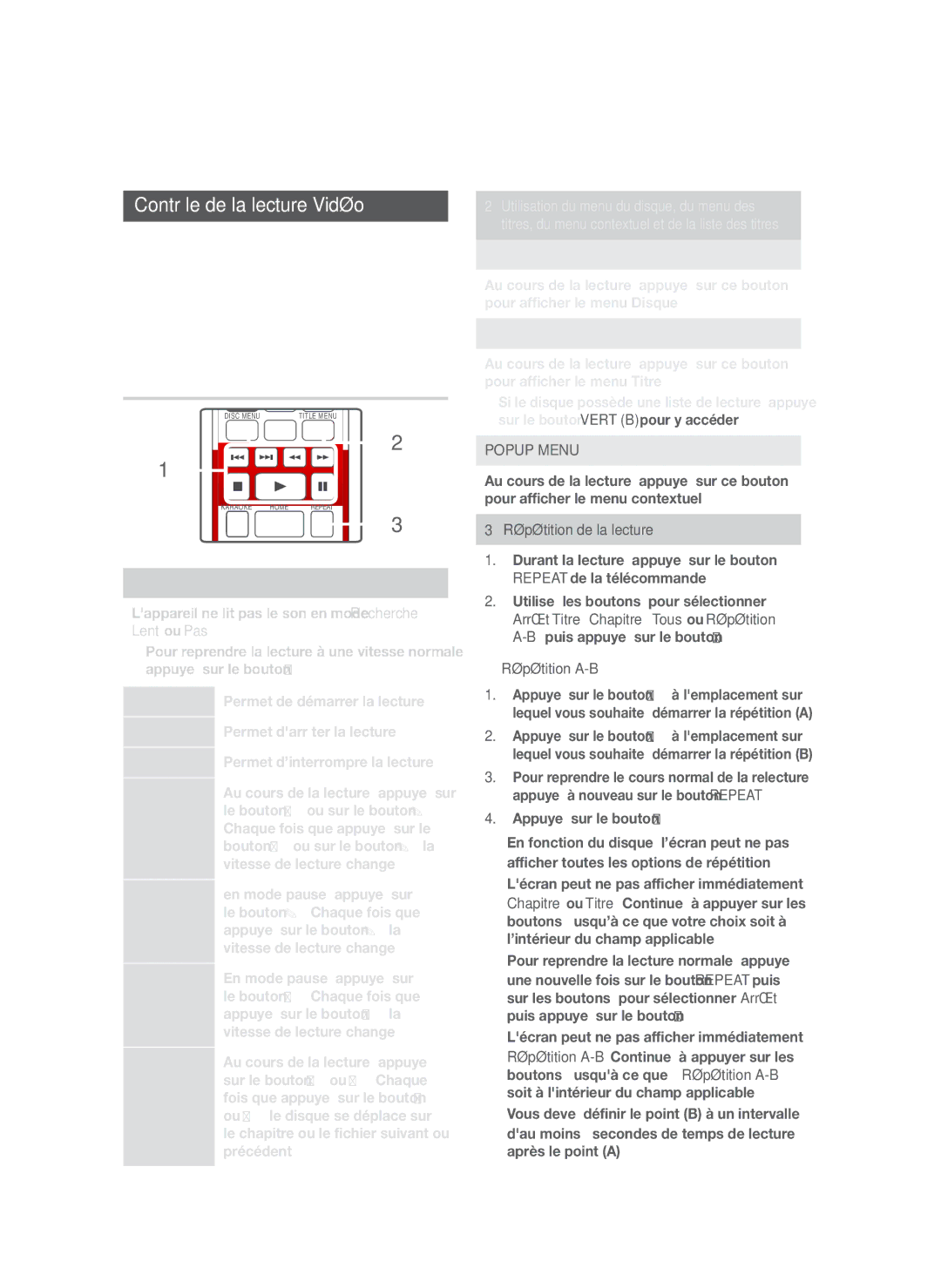 Samsung HT-H5550K/SJ manual Contrôle de la lecture Vidéo, Boutons de la télécommande servant à la lecture vidéo 