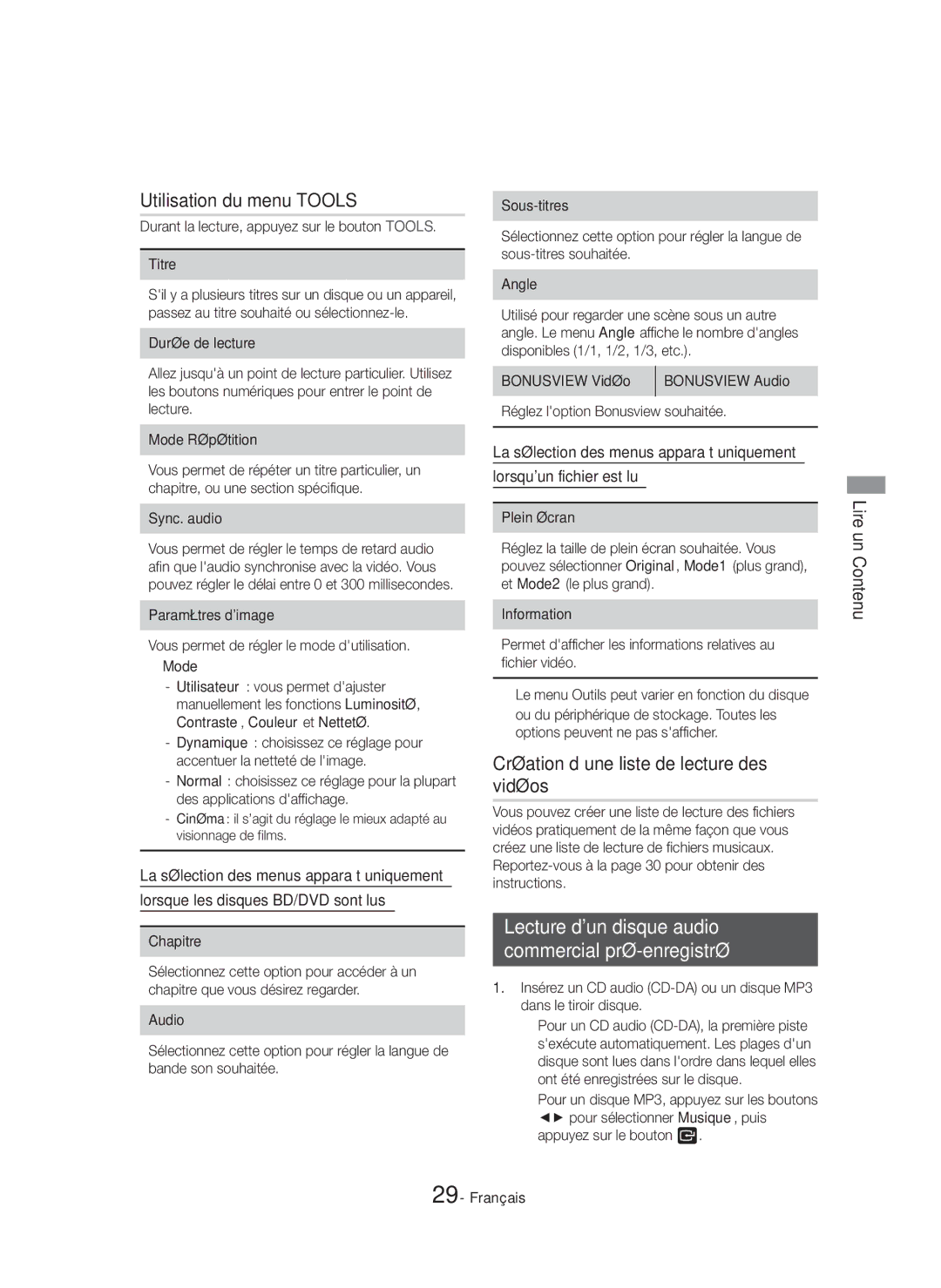 Samsung HT-H5550K/SJ manual Utilisation du menu Tools, Création d’une liste de lecture des vidéos 